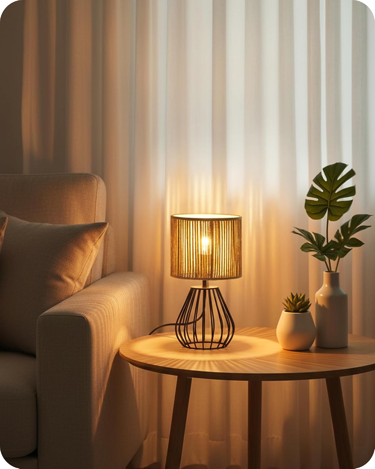 Rattan Table Lamp, Boho Table Lamp, Small Bedside Lamp, Handwoven Paper Lampshade, 2700K LED Bulb Included, Boho Desk Lamp, Modern…