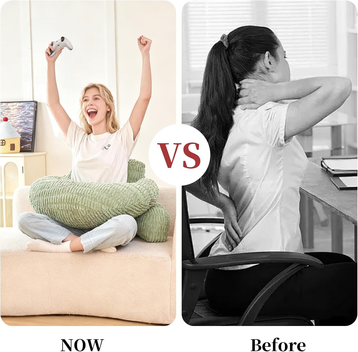 Pajeo 19" Corduroy Reading Pillow for Bed, Durable Striped Backrest Cushion with Lumbar Support & Arms, Firm Support Ergonomic Lounger for Ba…