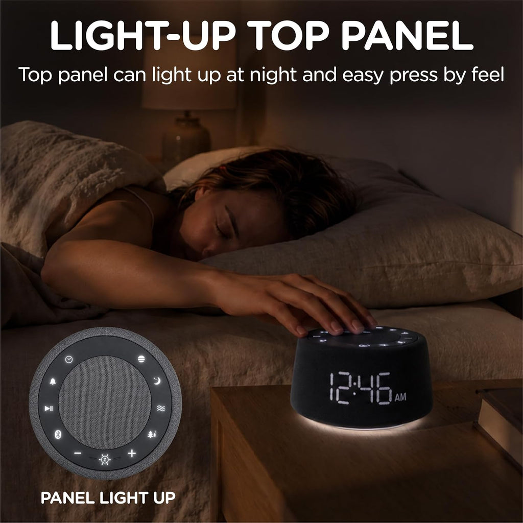 White Noise Sound Machine Alarm Clock with Bluetooth Speaker,18 Soothing Sounds, Ambient Light Ring, Adjustable Alarm Volume, USB…