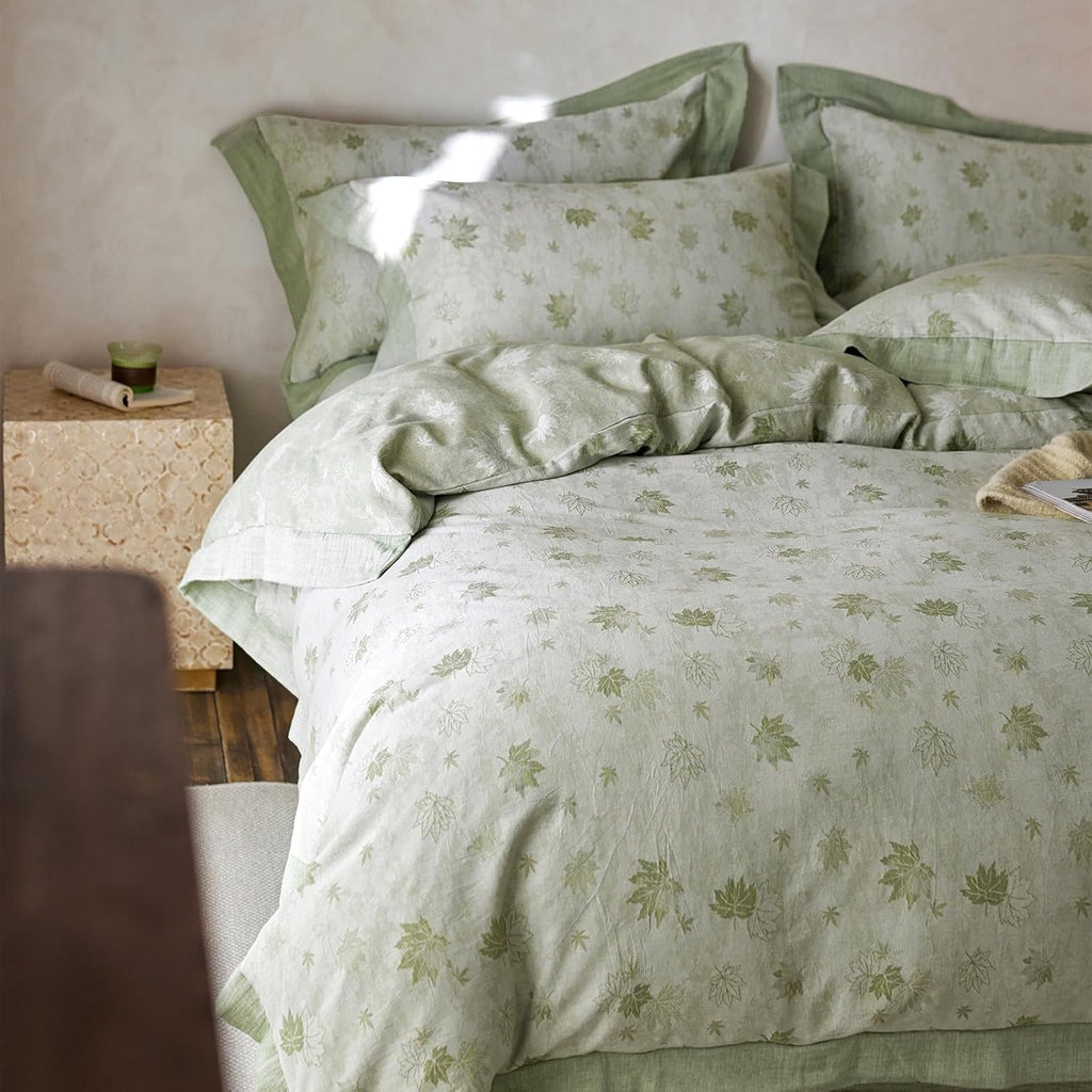 mixinni Yarn-Dyed Jacquard Duvet Cover Queen, Green Botanical Leaf Print 3-Piece Bedding Set with Wide Edge Piping, Soft Breathable Double…