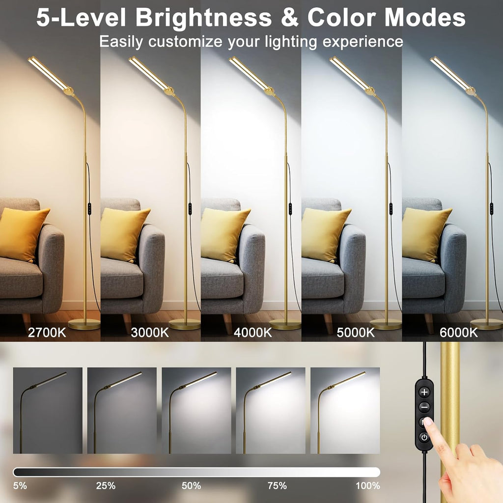 Gold Floor Lamp, 18W/2000LM Bright LED Floor Lamp for Living Room Office, Adjustable Gooseneck Dimmable Standing Task Lamp for Reading…