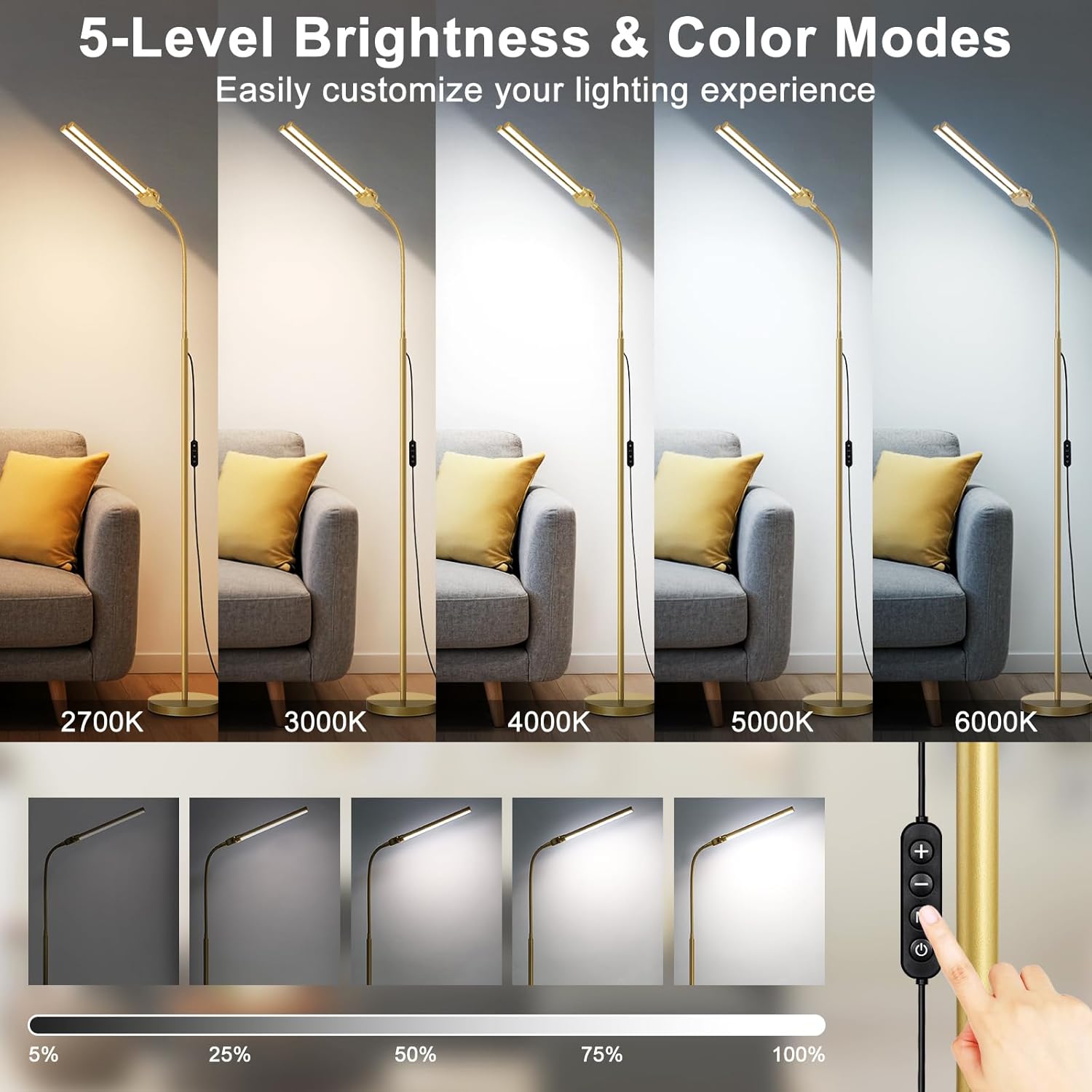 Gold Floor Lamp, 18W/2000LM Bright LED Floor Lamp for Living Room Office, Adjustable Gooseneck Dimmable Standing Task Lamp for Reading…