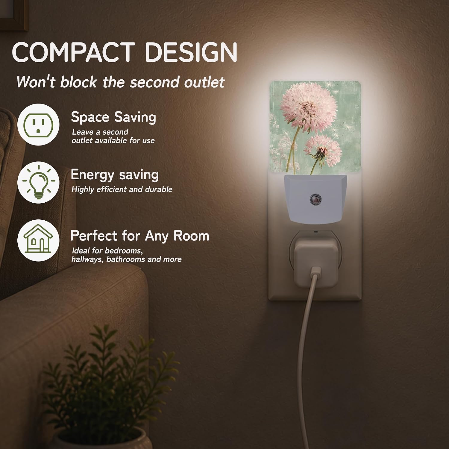 Vintage Pink Dandelion Night Lights Plug into Wall, Night Light with Dusk to Dawn Sensor for Bedroom Bathroom Kitchen Hallway Stairs…