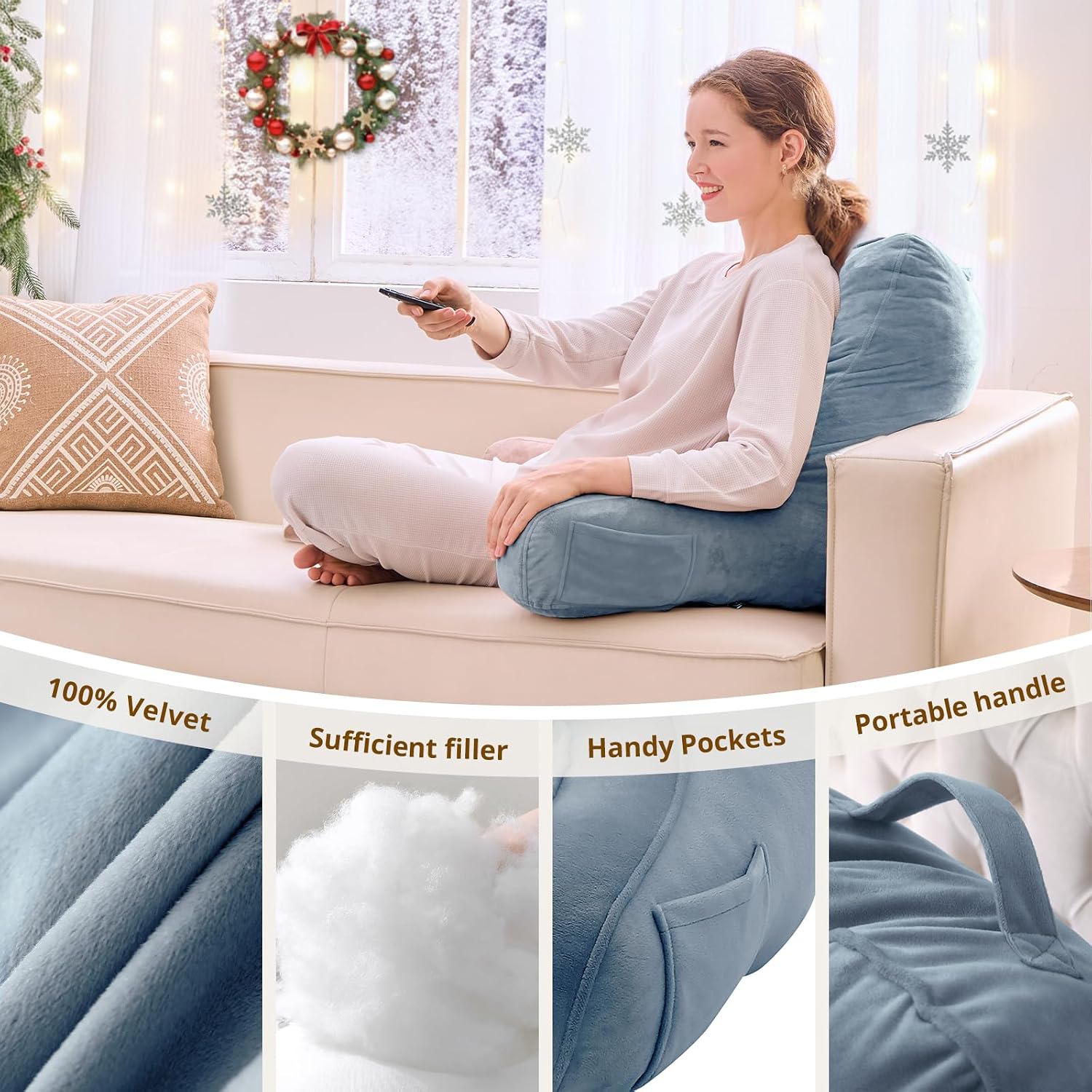 Sasttie Reading Pillow, Pillows for Reading or Relaxing – Ergonomic Support for Head, Neck, Back, and Lumbar, 21-Inch, Greyish Blue Blue