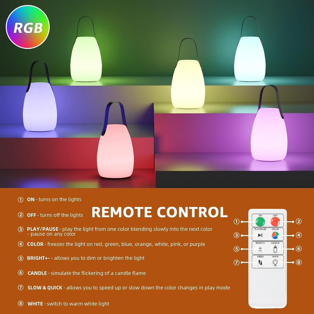 uuffoo 2 Pack Rechargeable Portable Table Lamp, Cordless RGB Lantern with Remote, Decorative LED Night Light, IP44 Waterproof Indoor…