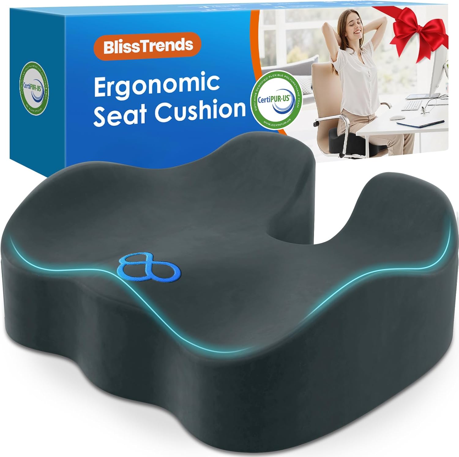 BlissTrends Seat Cushion,5.2in Thick Memory Foam Cushions for Office Chair, Car Seat, Airplane, Relieving Pressure Tailbone Sciatica Back P…