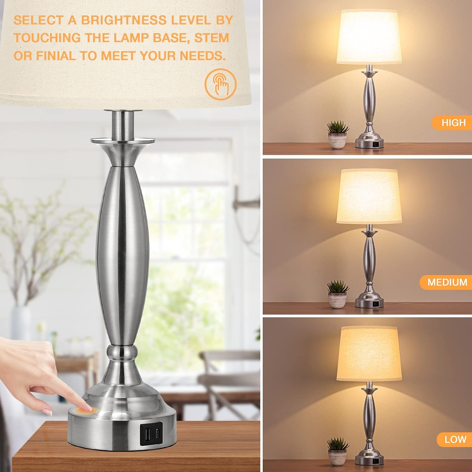 Seealle Beige Lamps for Bedrooms Set of 2 - Touch Control Bedside Lamp with USB C+A, 3 Way Dimmable Nightstand Lamps with USB Port, Table…