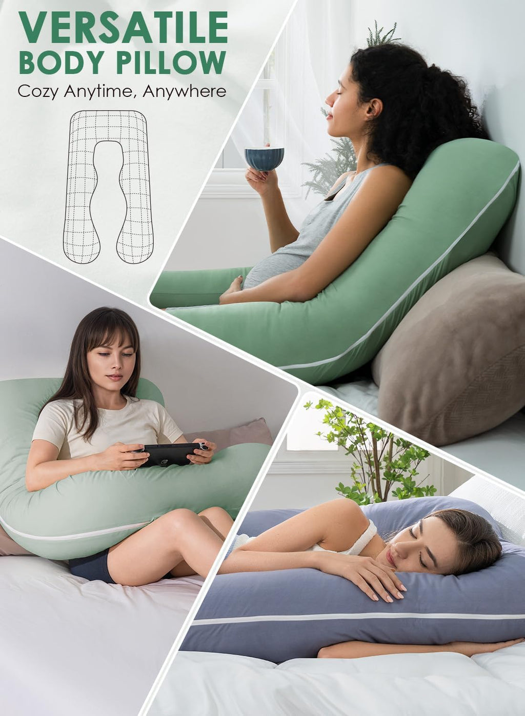 Queenrose QUEEN ROSE Pregnancy Pillows, Soft Cotton U Shaped Body Pillow for Sleeping, Maternity Pillow for Pregnant Women, Green Cotton Gr…