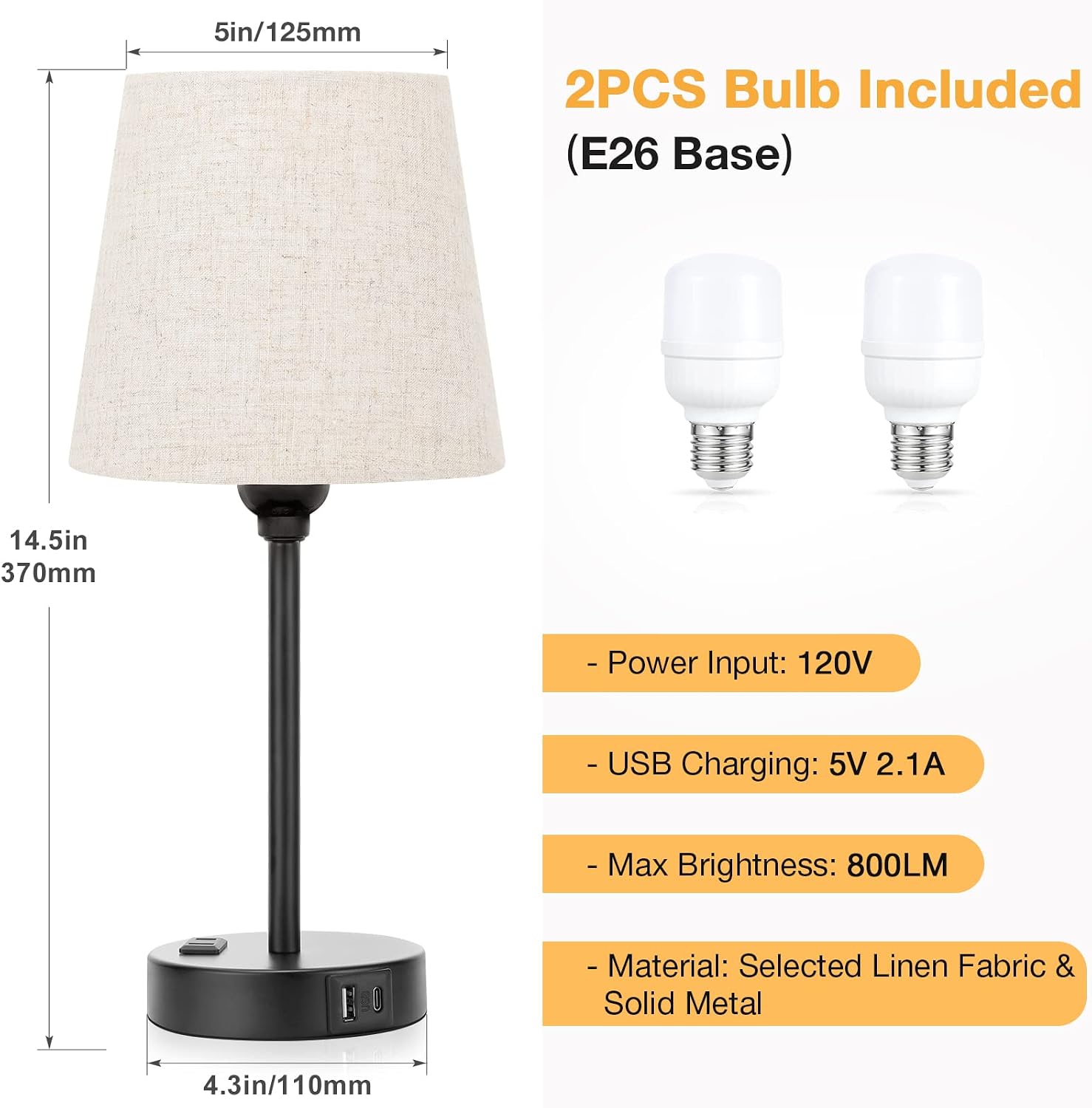 Mini Bedside Lamps for Bedrooms Set of 2 - Nightstand Bedroom Lamps with USB C Port and AC Outlet Charging, Dimmable Touch Small Bed Side…