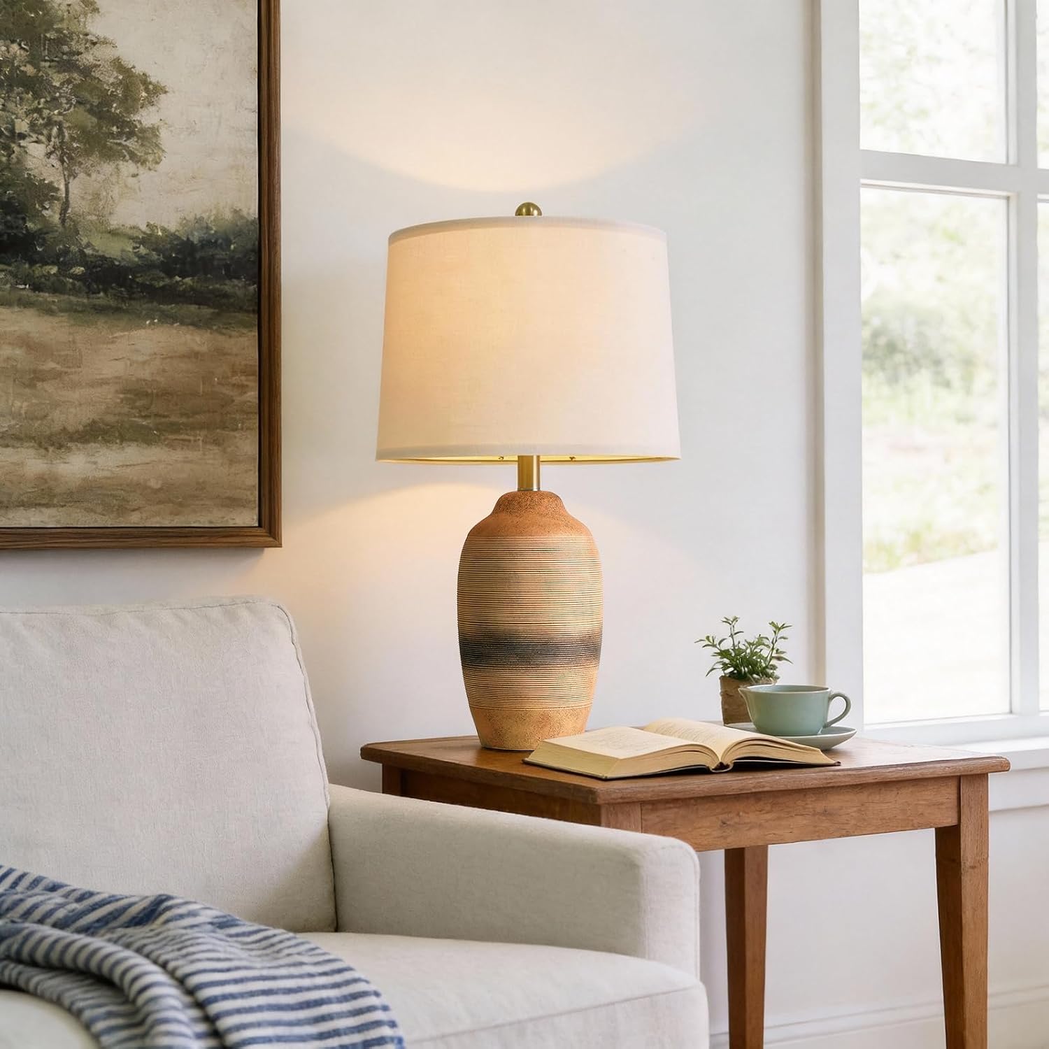 USumkky 24.5" Handcrafted Ceramic Table Lamp with 5FT Cord, Single Farmhouse Vintage Rustic Bedside Lamp for Living Room Bedroom, Linen Sha…