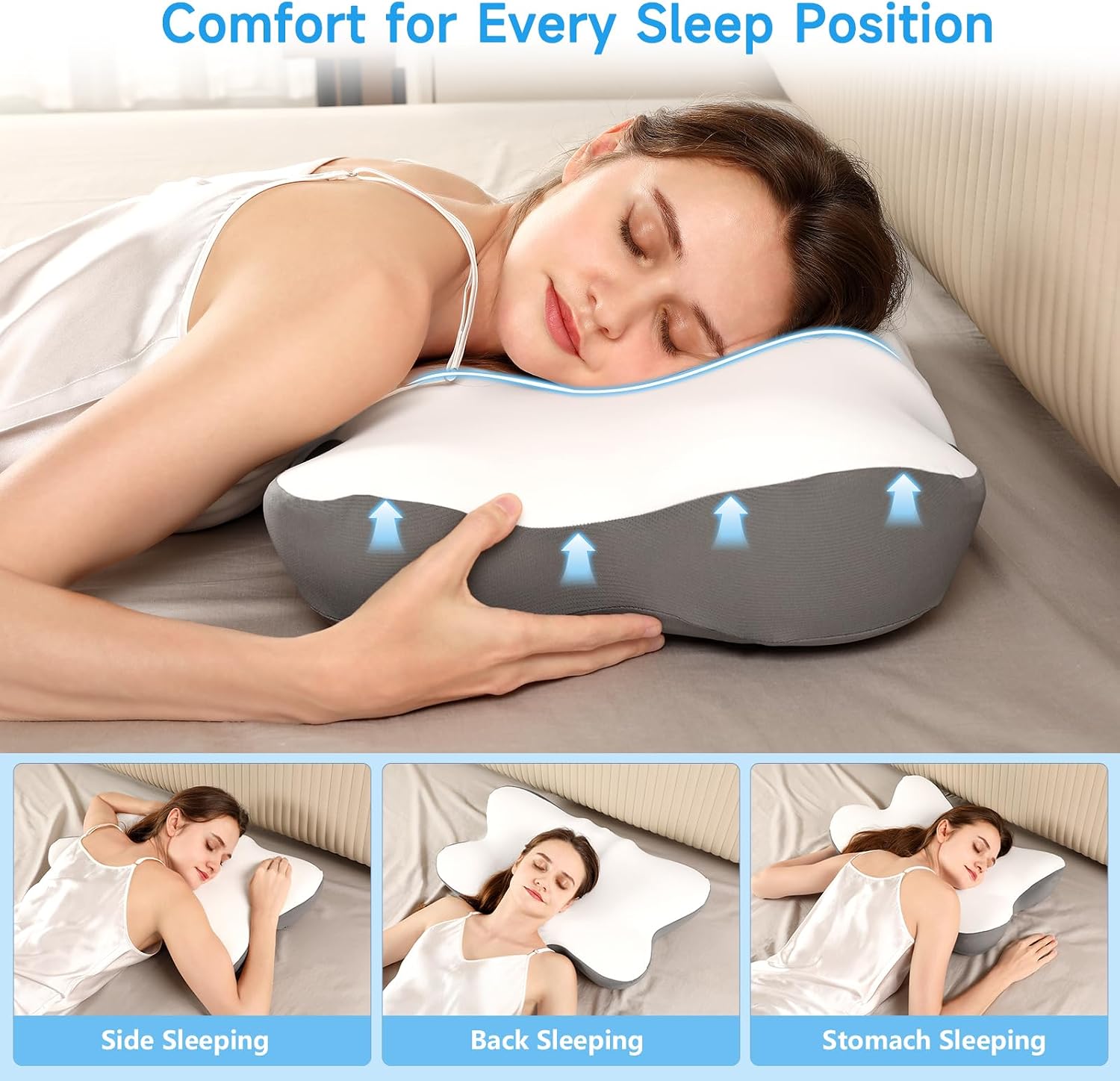 jiaao Cervical Neck Pillow with 2 Heights (5.31/3.54 in), Queen Size Bed Pillow with Cooling Pillowcase, Contoured Memory Foam Pillow for S…