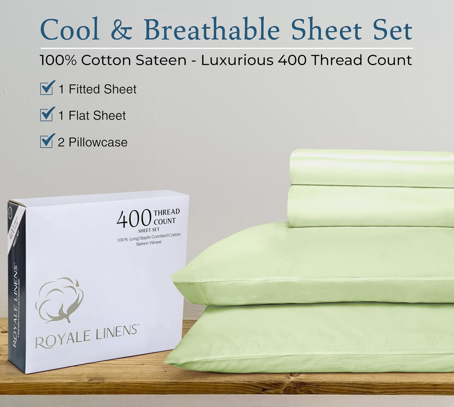 Royalelinens Royale Linen 400 Thread Count 100% American Grown Cotton 4 Piece Sateen Queen Sheet Set - 1 Fitted Sheet, 1 Flat Sheet, 2 Pill…