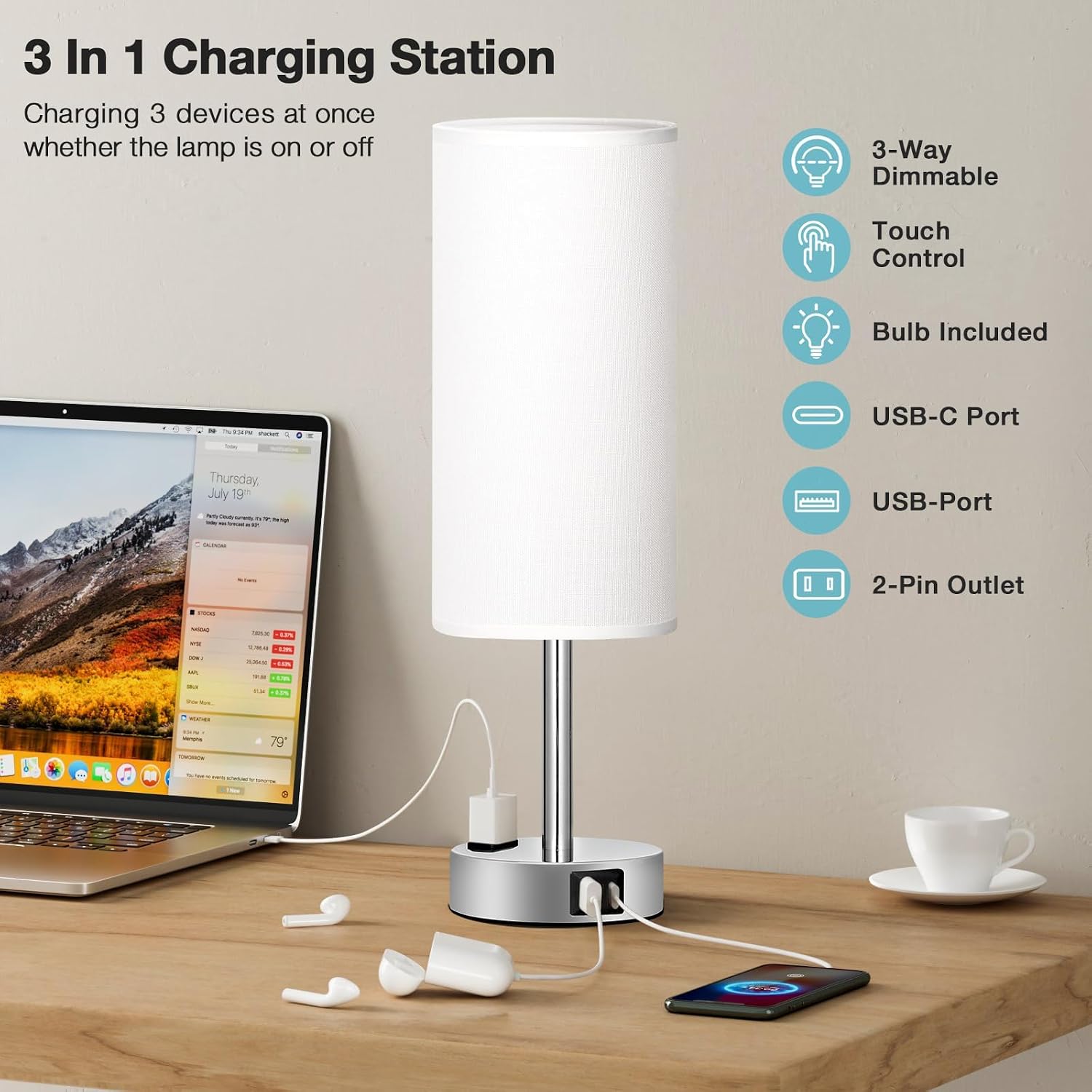 Fenmzee White Touch Bedroom Table Lamp - 3 Way Dimmable Bedside Lamp USB C A Charging Ports and AC Outlet, Small Lamp Nightstand with…