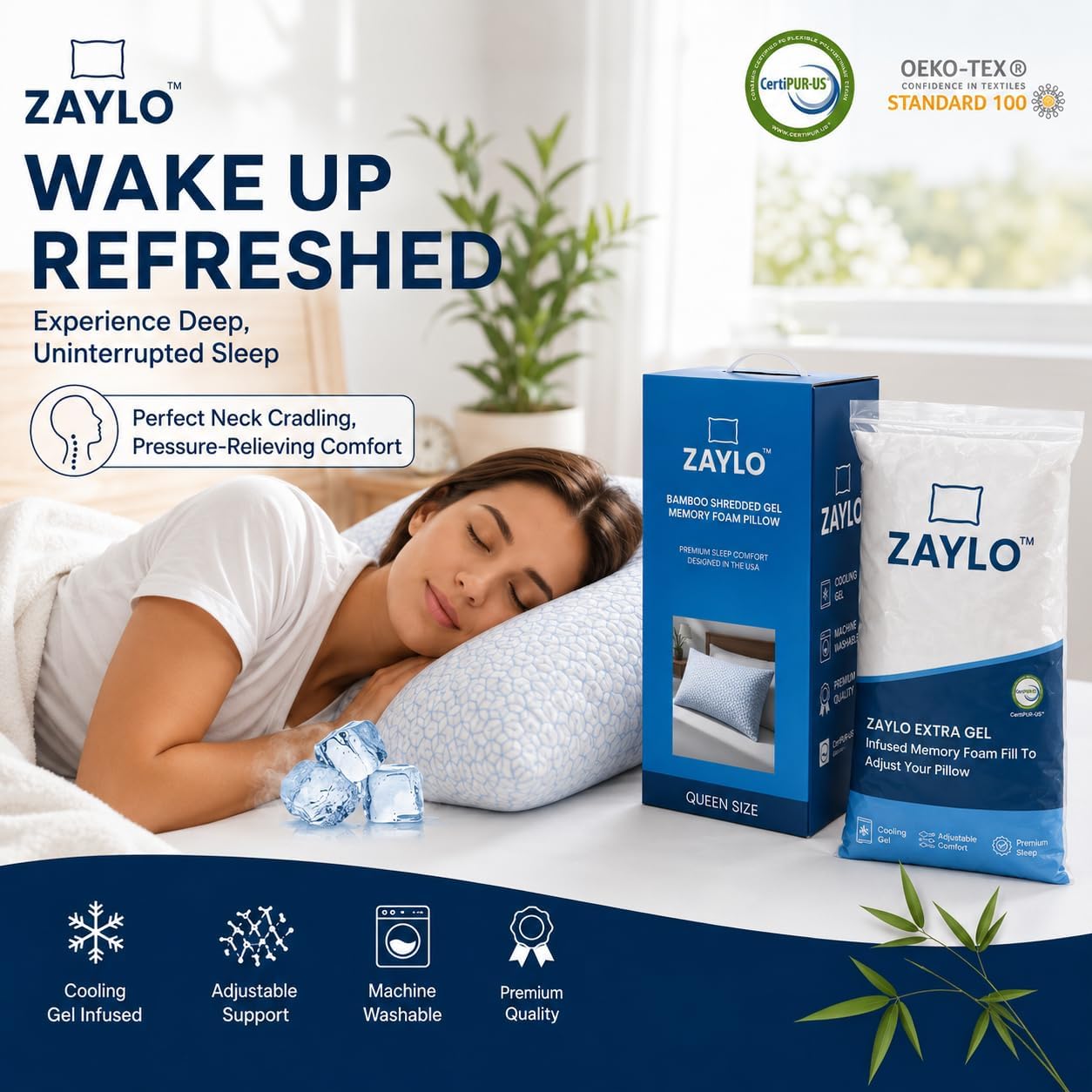 ZAYLO Premium Bamboo Memory Foam Pillow - Adjustable Cooling Support (Queen Size)