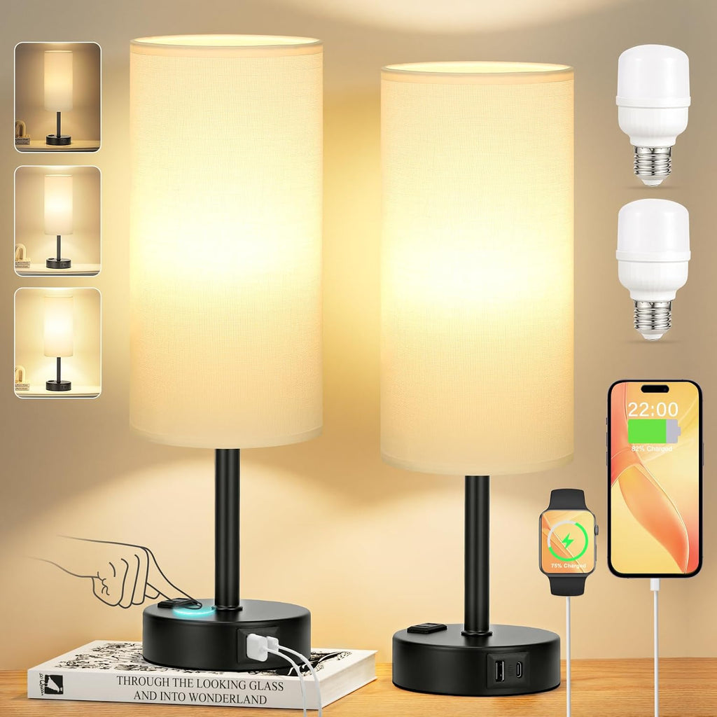 PartageiZ White Bedroom Lamps Set of 2-3 Way Dimmable Touch Table Lamps with USB C and A Ports, Bedside Lamps for Nightstand with AC…