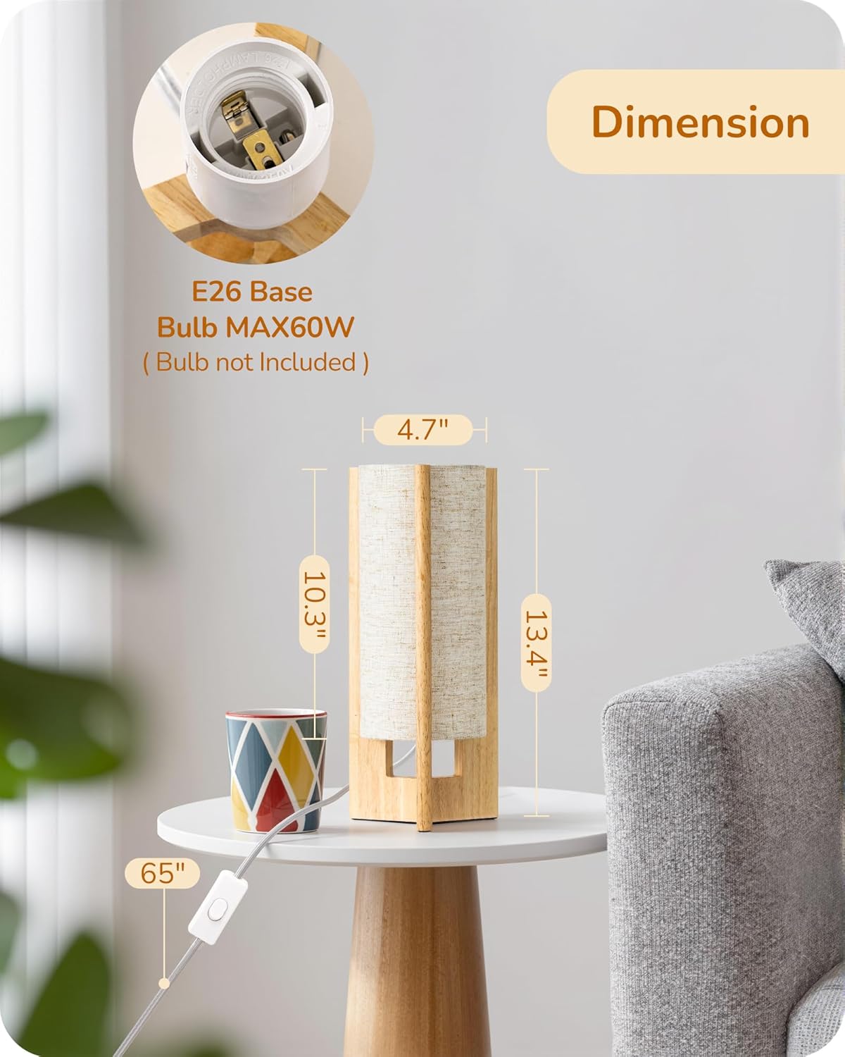 EDISHINE Small Wood Table Lamp, 13.5" Modern Bedside Lamp, Beige Linen Shade, Natural Wood Cylinder Nightstand Lamp for Bedroom Living…
