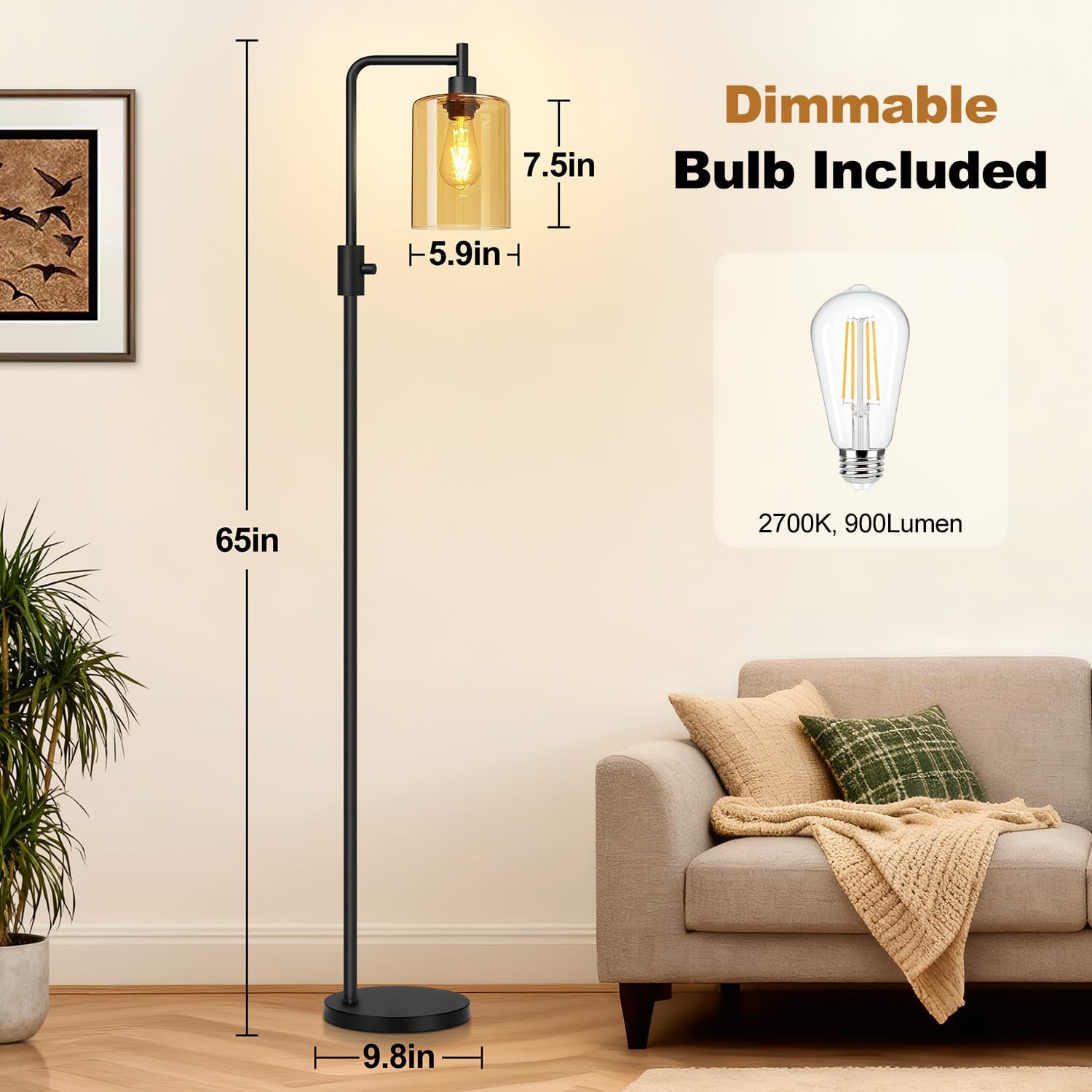 Upgraded】Dimmable Floor Lamps for Living Room with Amber Glass Shade, Modern Industrial Floor Lamp with 900LM Bulb Included, Glass…
