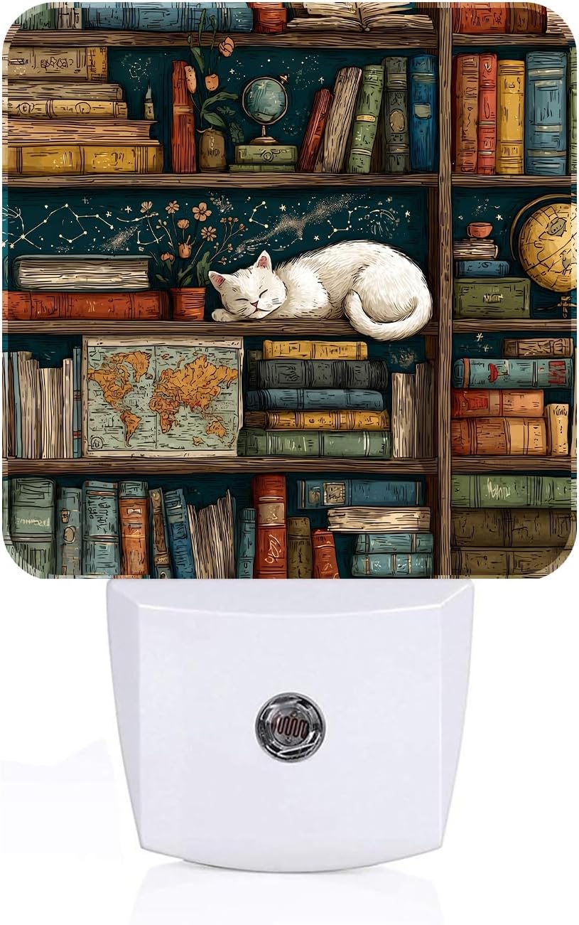 Sleeping Cat and Bookshelf Night Light, Plug-in Night Lights with Dusk-to-Dawn Sensor for Stairway, Hallway, Bedroom Sleep Friendly Ideal…