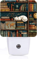Sleeping Cat and Bookshelf Night Light, Plug-in Night Lights with Dusk-to-Dawn Sensor for Stairway, Hallway, Bedroom Sleep Friendly Ideal…