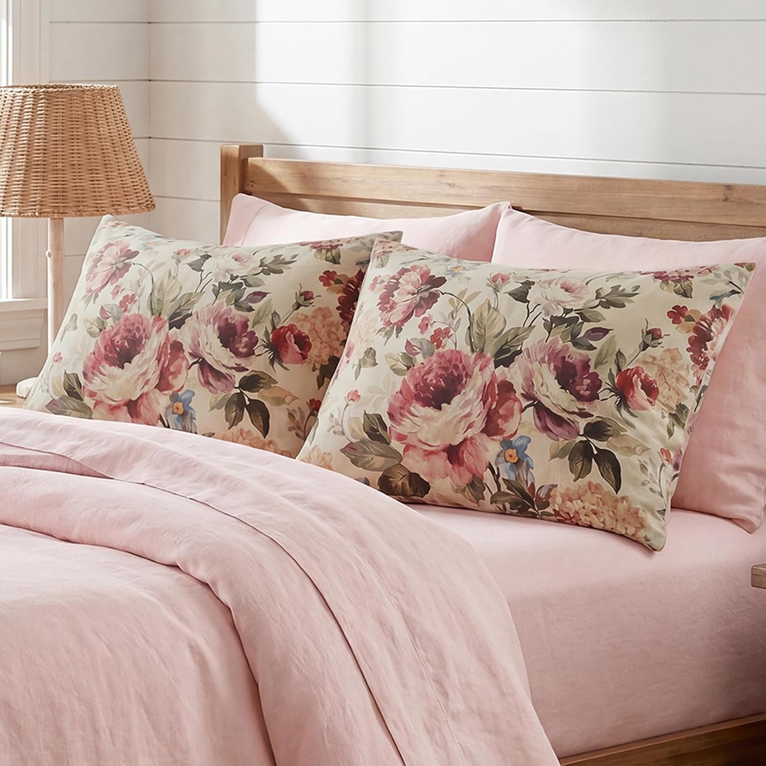 Bedorm Queen Size Pillow Covers Set of 2 Cotton Pillow Case Dark Pink Rose Flower Botanical Print Floral Pillowcases with Pocket Closure De…