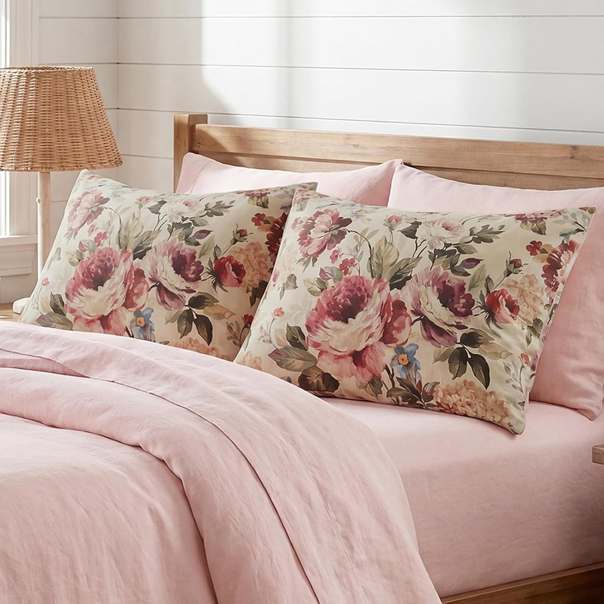 Bedorm Standard Size Pillow Covers Set of 2 Cotton Pillow Case Dark Pink Rose Flower Botanical Print Floral Pillowcases with Pocket Closure…