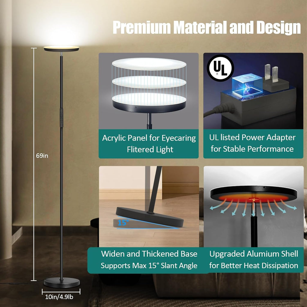 Mukuxin Floor Lamp, Upgraded 40W 4000LM Super Bright Torchiere LED Floor Lamps for Living Room, Stepless Dimmable Color Temperature 2700K-6…