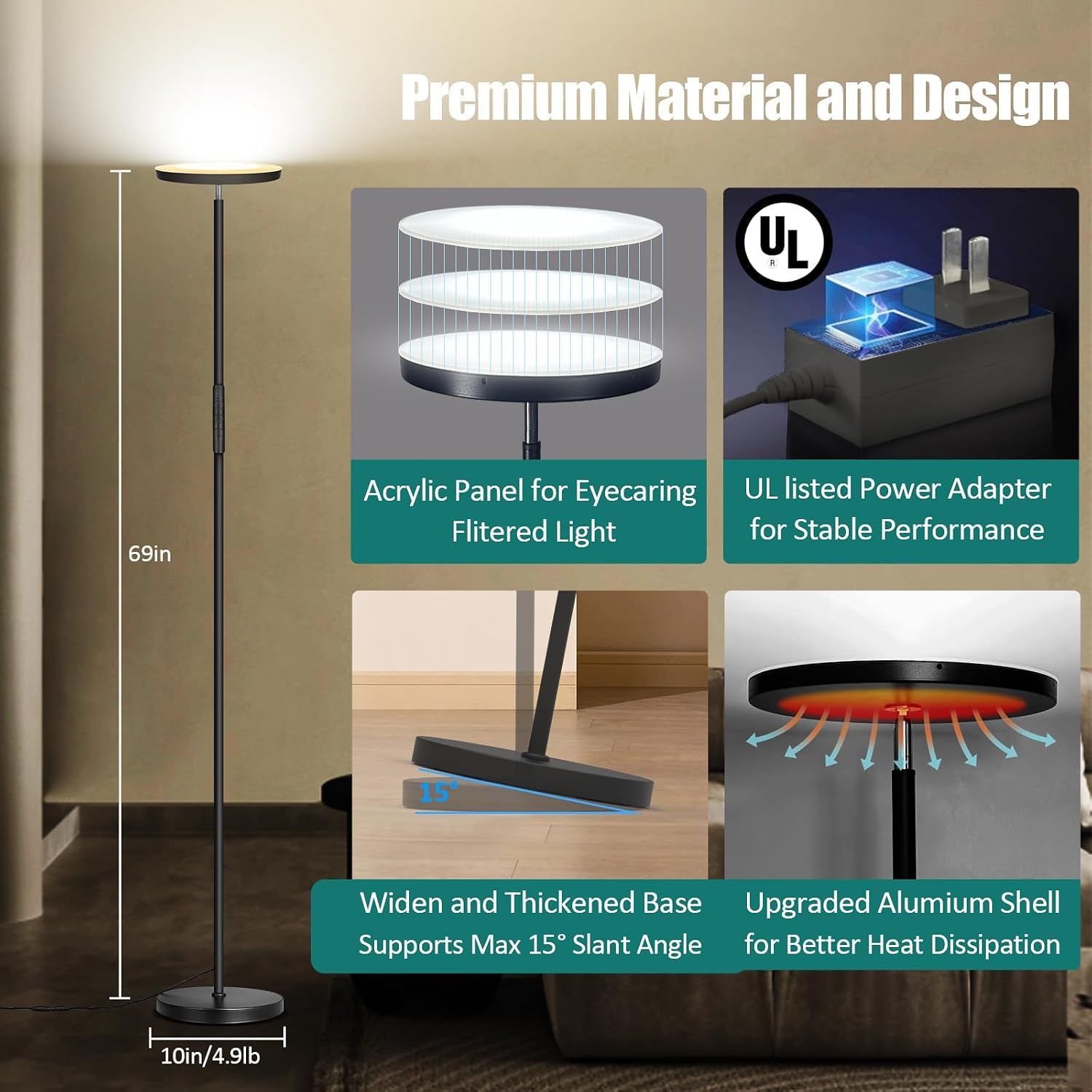 Mukuxin Floor Lamp, Upgraded 40W 4000LM Super Bright Torchiere LED Floor Lamps for Living Room, Stepless Dimmable Color Temperature 2700K-6…