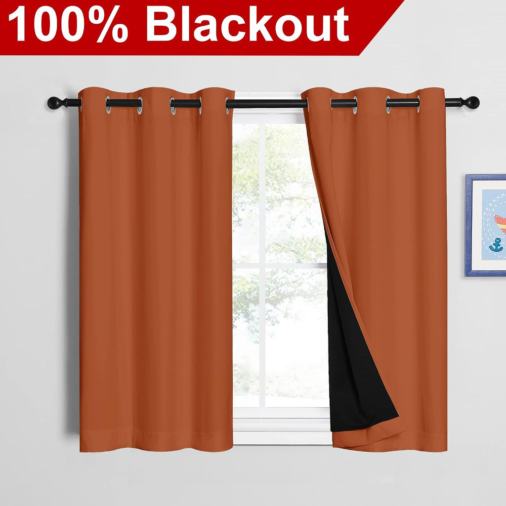 Nicetown Burnt Orange 100% Blackout Curtains 45 inches Long, 2 Thick Layers Completely Blackout Window Treatment Thermal Insulated Lined Dr…