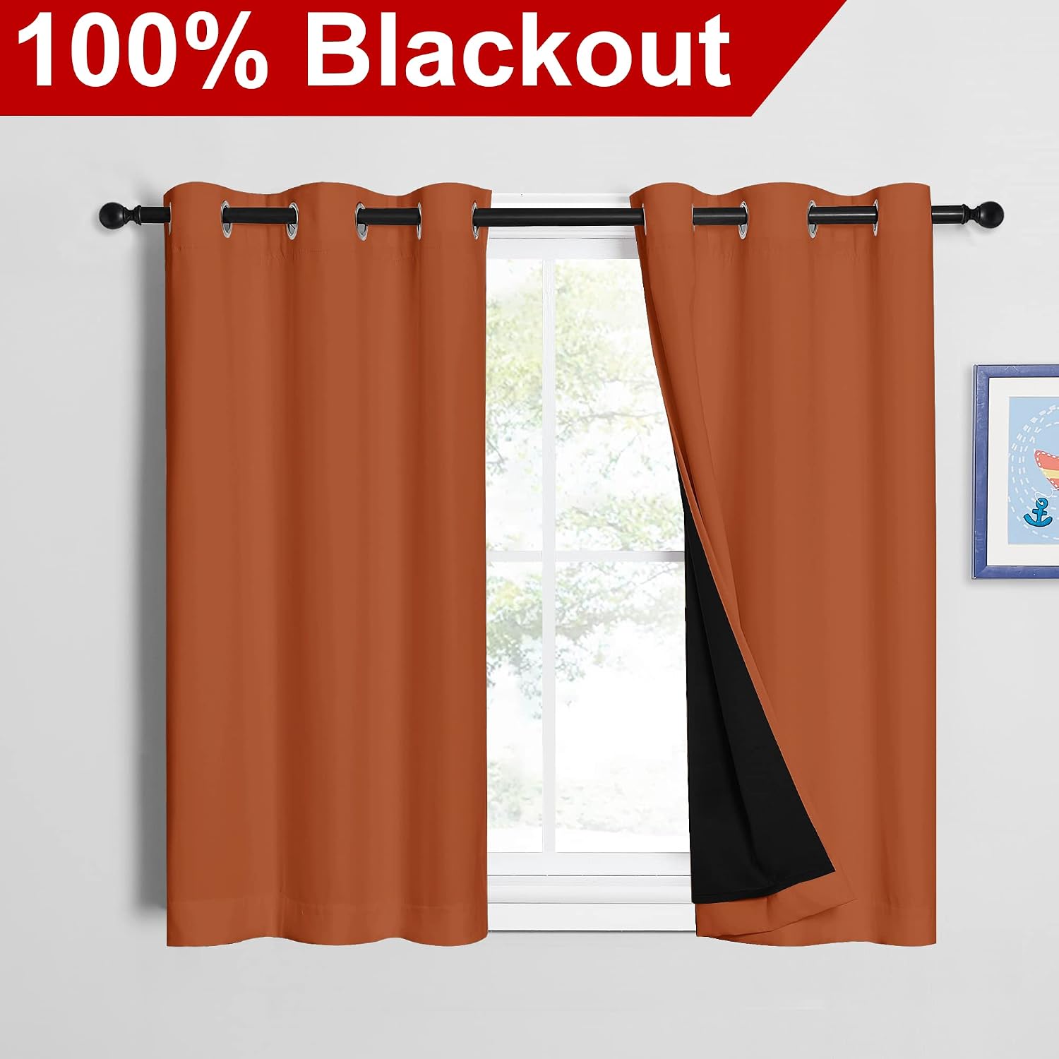 Nicetown Burnt Orange 100% Blackout Curtains 45 inches Long, 2 Thick Layers Completely Blackout Window Treatment Thermal Insulated Lined Dr…
