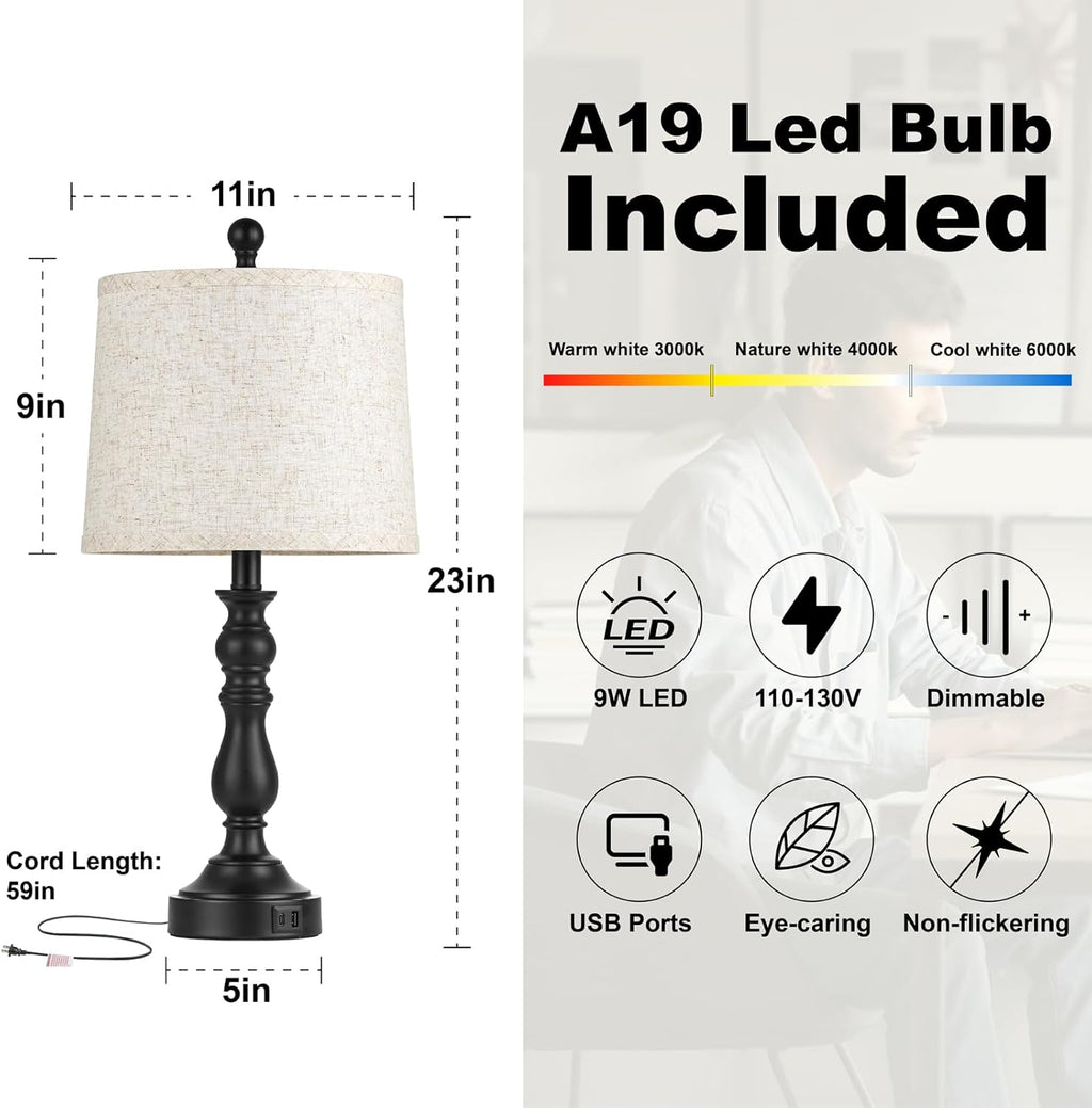 23'' Farmhouse Table Lamps for Living Room Set of 2 with USB C+A Ports, Retro Bedside Lamp for Bedroom, Office, Dining Room, Knob Switch…