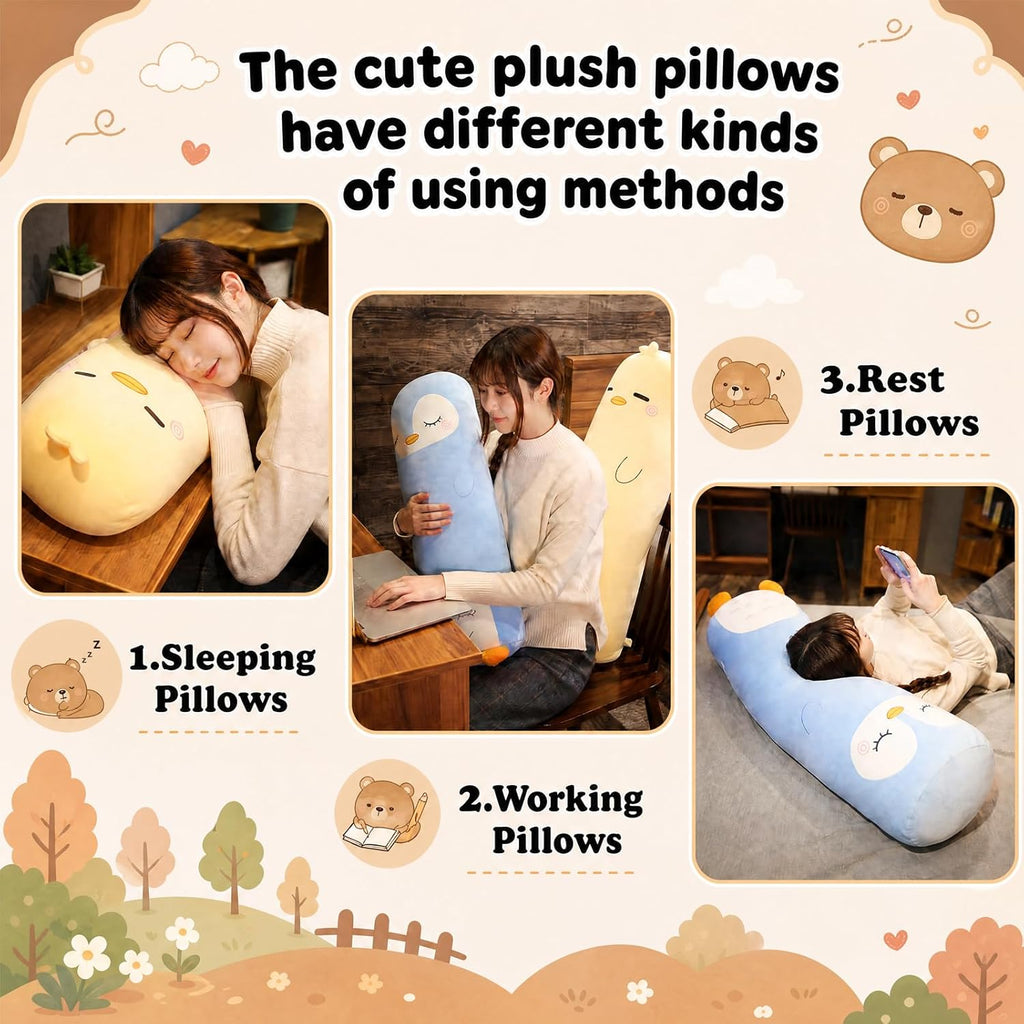 Long Plush Cute Body Pillows 39" Cuddle Stuffed Animal Shaped Bed Body Pillows Soft Cotton Plushies Doll Toy Gifts (Bear, 39 Inch)