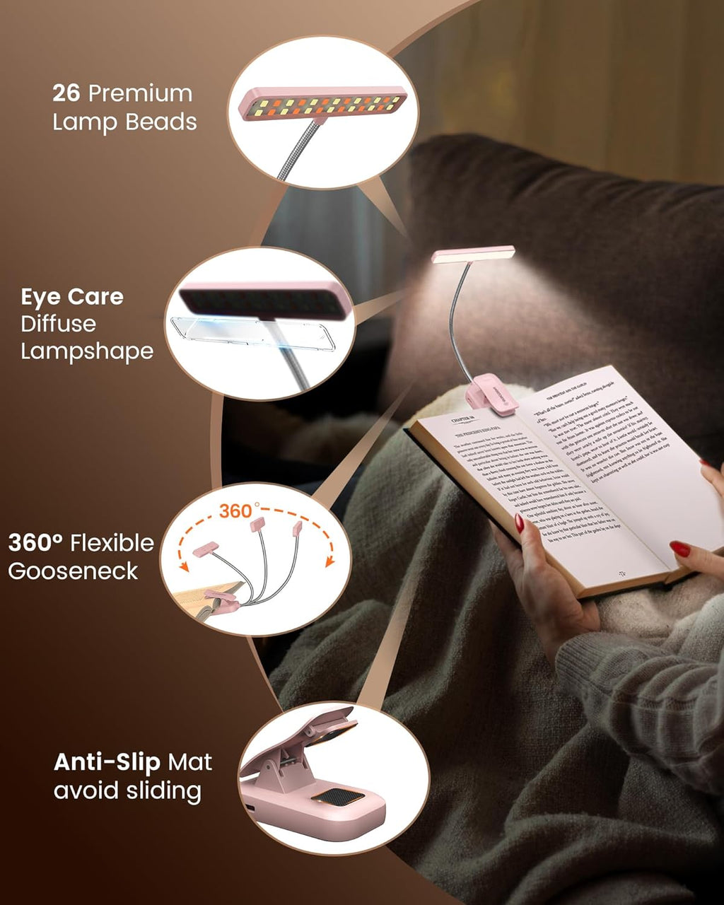 Glocusent 26 LED Book Light, 1200 mAh 90 Hrs Lasting Rechargeable Reading Light, 5 Amber Colors & Stepless Dimming Book Reading Light…
