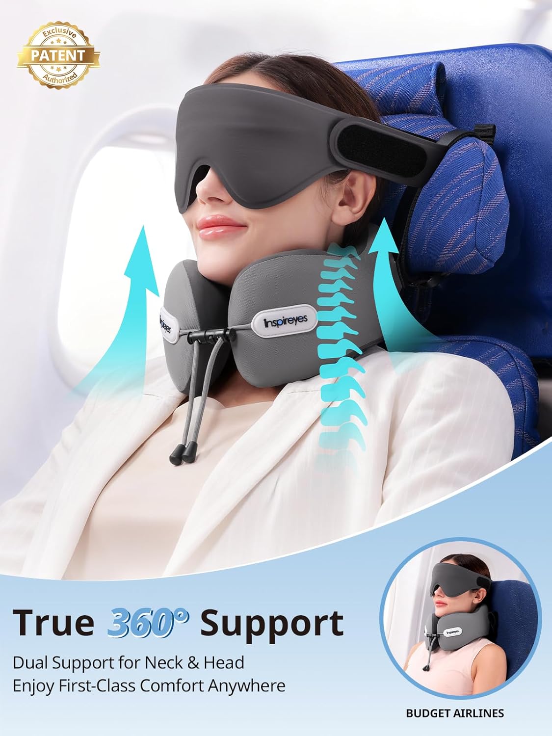 Inspireyes Neck Pillow, Travel Pillow with Seat Strap, 3D Sleep Mask, Dual Support Neck and Head, High Supportive Foam Airplane Pillow…