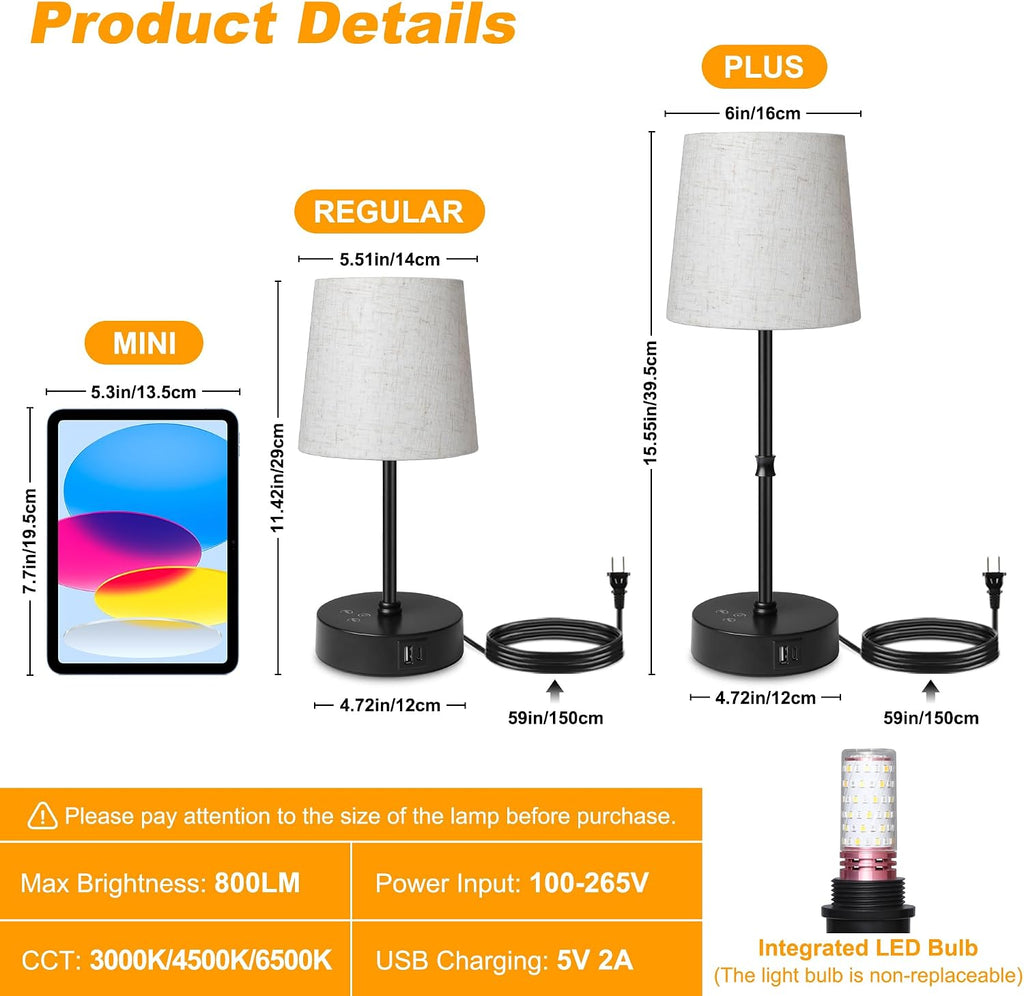 Ascher Bedside Table Lamp Set of 2, RGB Color Changing, 3 Color Temperatures, Dimmable Nightstand Lamp with USB C+A Ports, Touch Desk…