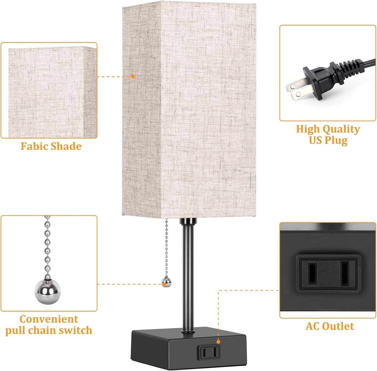 Table Lamp for Bedroom set of 2,3-Color Bedside Lamps with Pull Chain Table Lamps for Nightstand with AC Outlets, Night Light Lamps with 2…
