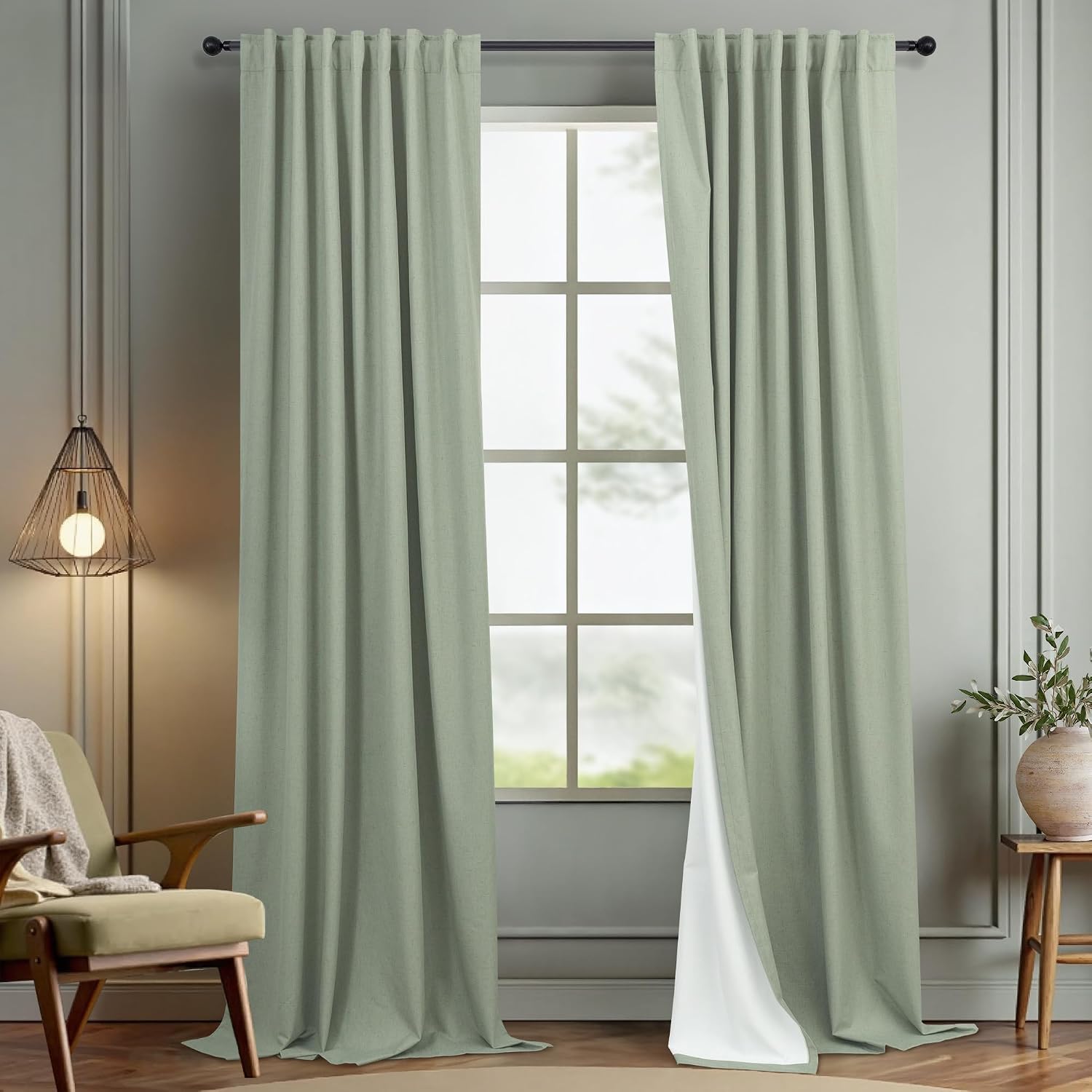 Dancurton 96 Inch Curtains 2 Panels Set Drapes 96 Inches Long Spring Curtain for Living Room Sage Green Black Out Linen Room Darkening Blac…