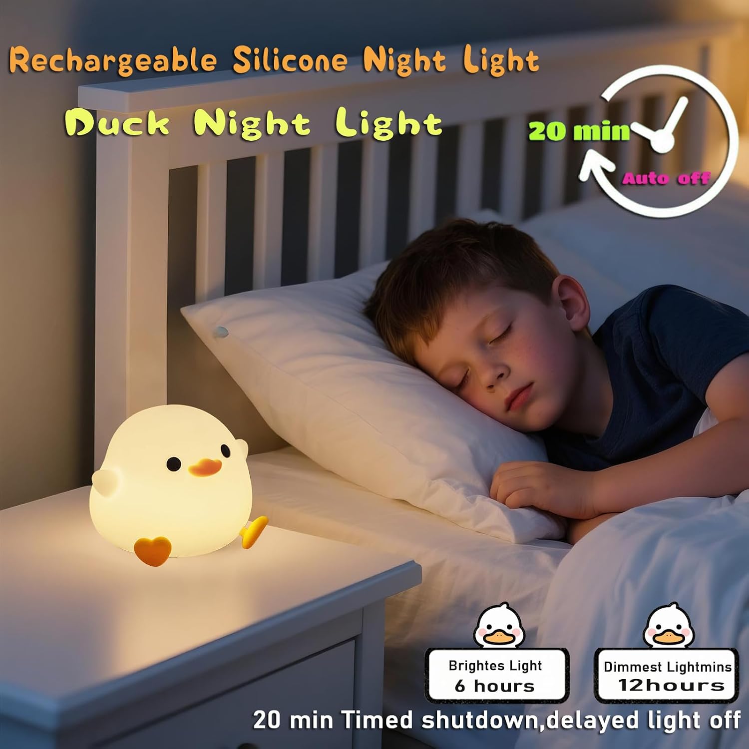 HAPPYBAG Cute Pea Duck Night Light, Duck Lamp,2 Levels Dimmable Silicone Ducky Light, LED Squishy Animal Light for Kids Sleep, Rechargeable…