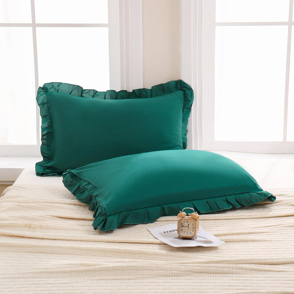 Merryword Dark Green Pillow Shams Green King Pillowcases Cute Pillow Cover Set of 2 Soft Shabby Chic Ruffled Pillowcases 2 Pack (King (20''…