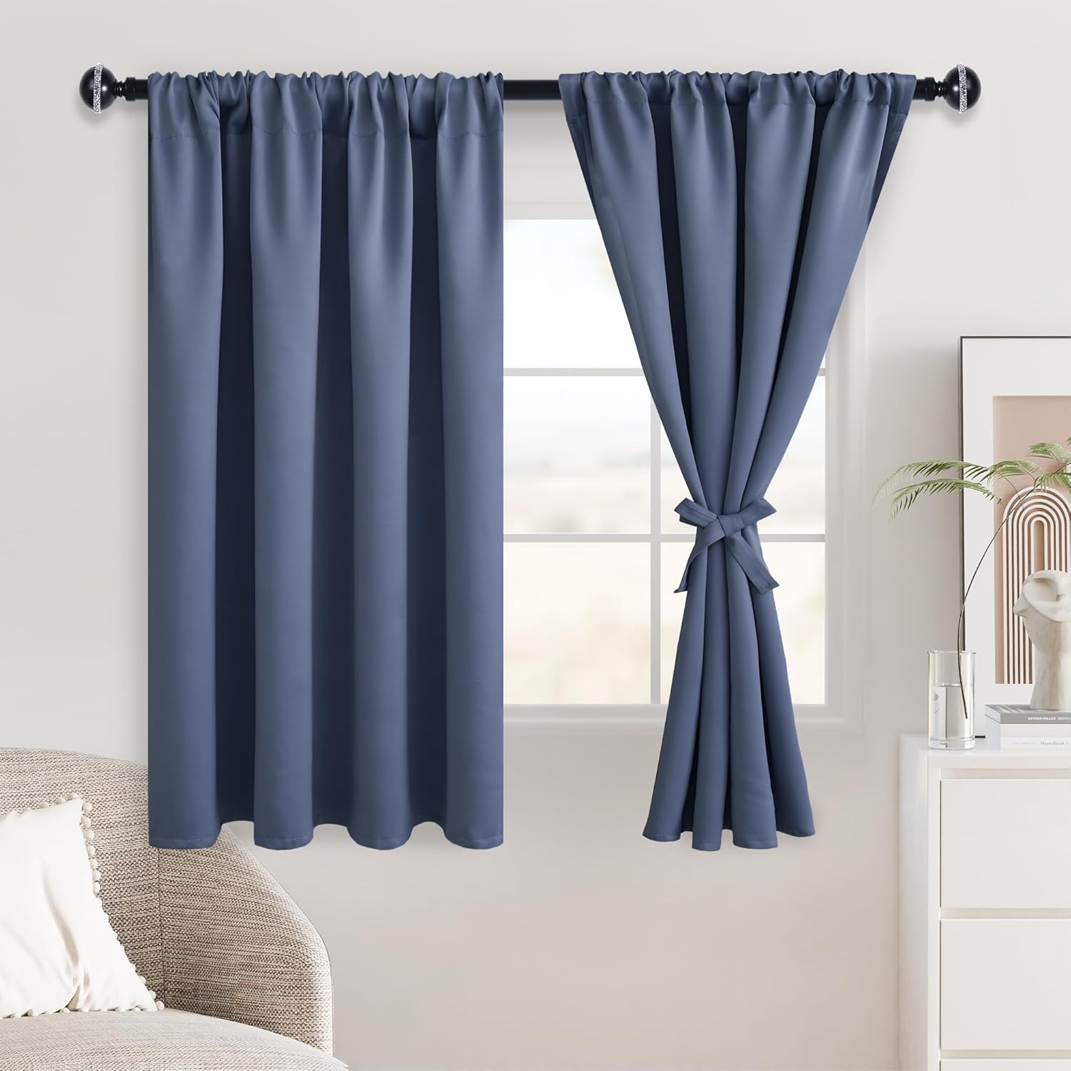 Jiuzhen Dusty Blue Blackout Curtains for Bedroom - Thermal Insulated Room Darkening Rod Pocket Curtains for Living Room, Set of 2 Panels wi…