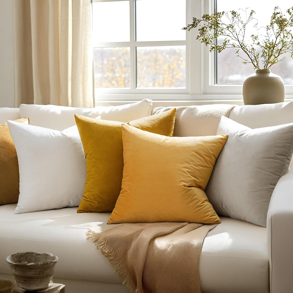 Miulee 24x24 Inch Euro Sham Velvet Pillow Covers, Set of 2 Large Square Spring Decorative Pillows -Mustard Yellow Super Soft for King Bed,…