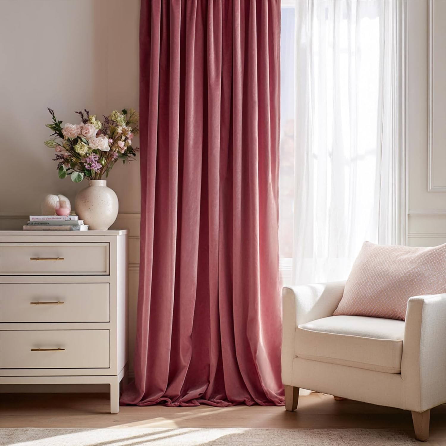 Drapenova Dusty Rose Velvet Curtains 90 Inches Long, Luxury Thick Velvet Viral Pinch Pleated Drapes for Nursery Girls Room Blackout D…