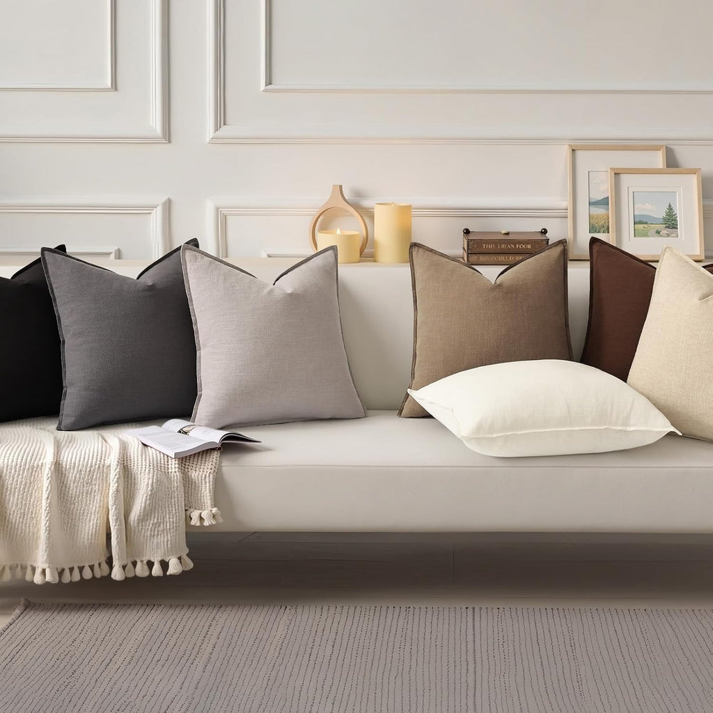 decorUhome Summer Decorative Linen Throw Pillow Covers 20x20 Inch Set of 2 Light Brown Pillow Covers with Flange Edges Soft Farmhouse Boho…