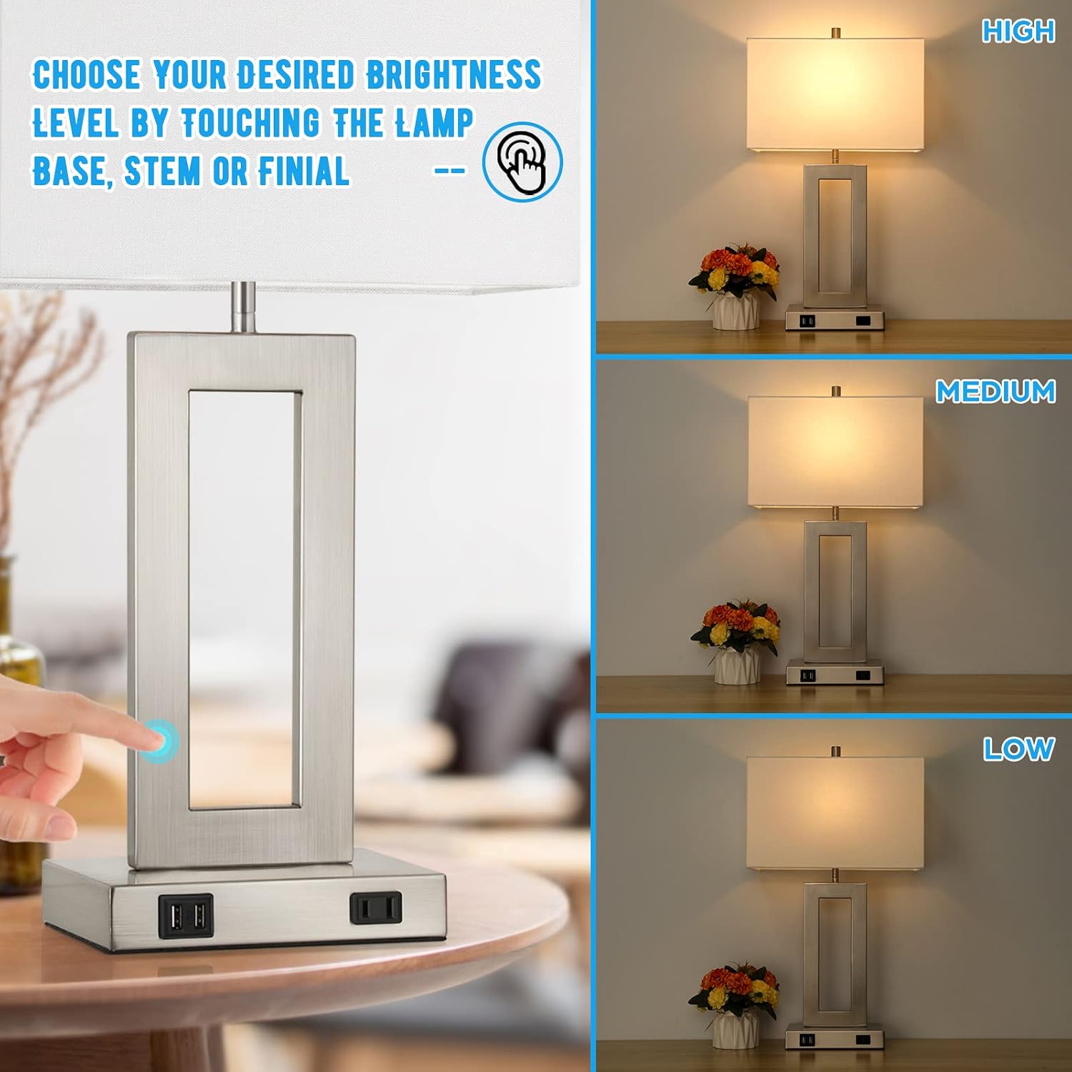 Tobusa 22'' Tall Table Lamps for Bedroom Set of 2, Silver Bedside Touch Control Lamp with 2 USB Ports&AC Outlet, Modern Living Room Table L…