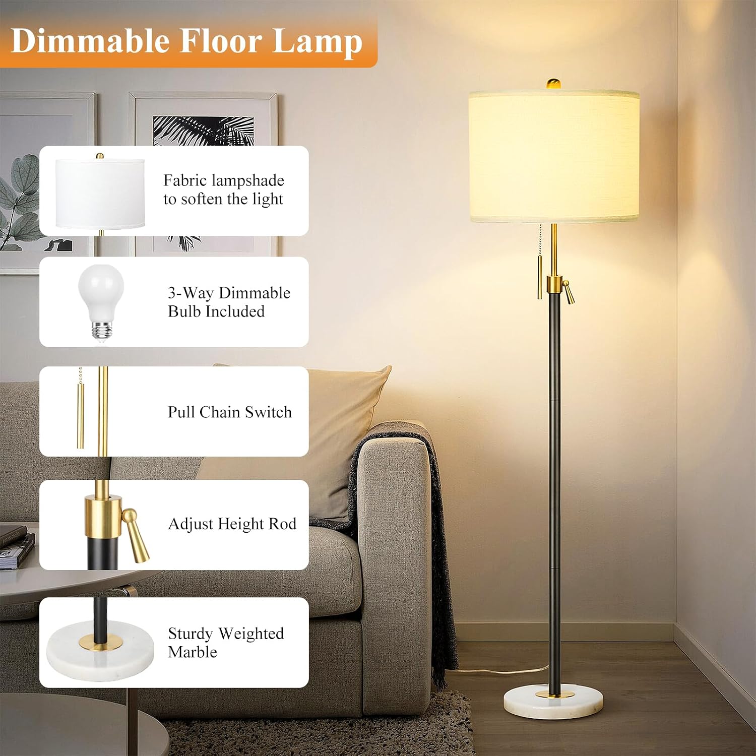 Qingmiao Floor Lamp for Living Room Adjustable Tall Standing Lamp, 3-Way Dimmable Floor Lamp for Bedroom Office, Black Gold Lamp with…