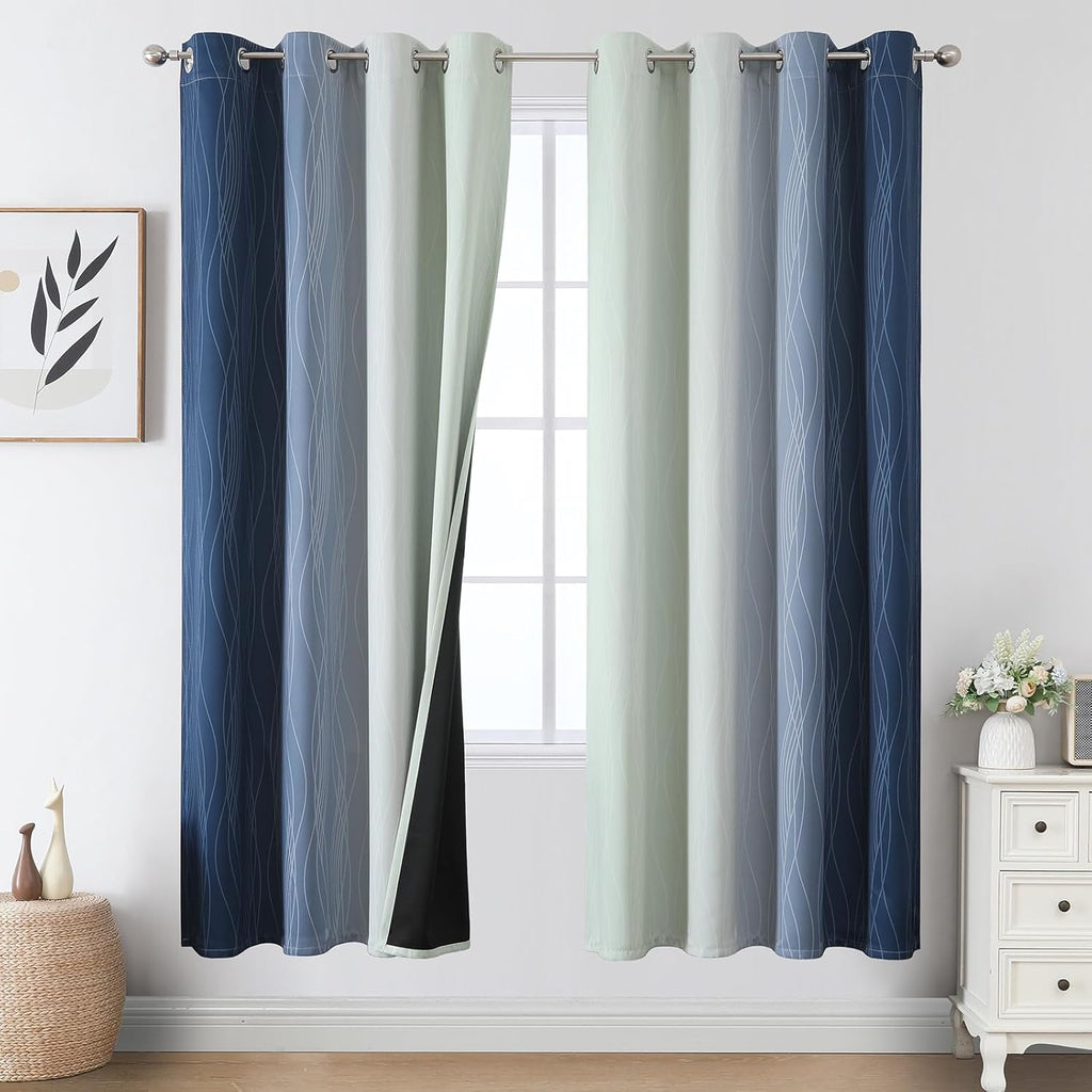 Estelartextiler Estelar Textiler Navy Blue and Sage Green Ombre Blackout Curtains 72 Inch Length 2 Panels, Full Room Darkening Grommet Curt…
