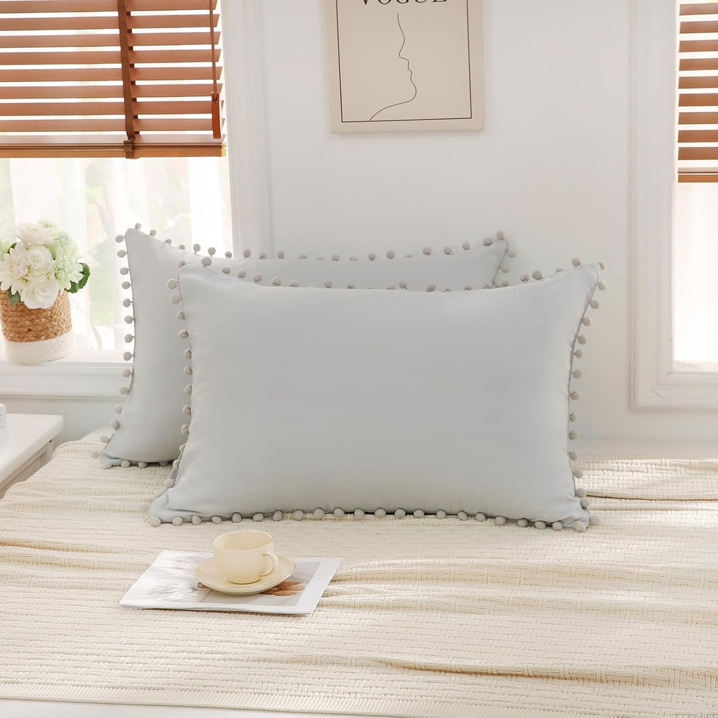 Moveover Light Gray Pom Poms Pillowcases, Standard Queen Pillow Cases Set of 2, 100% Washed Microfiber, Pale Gray Ball Fringe Pillow Cover,…