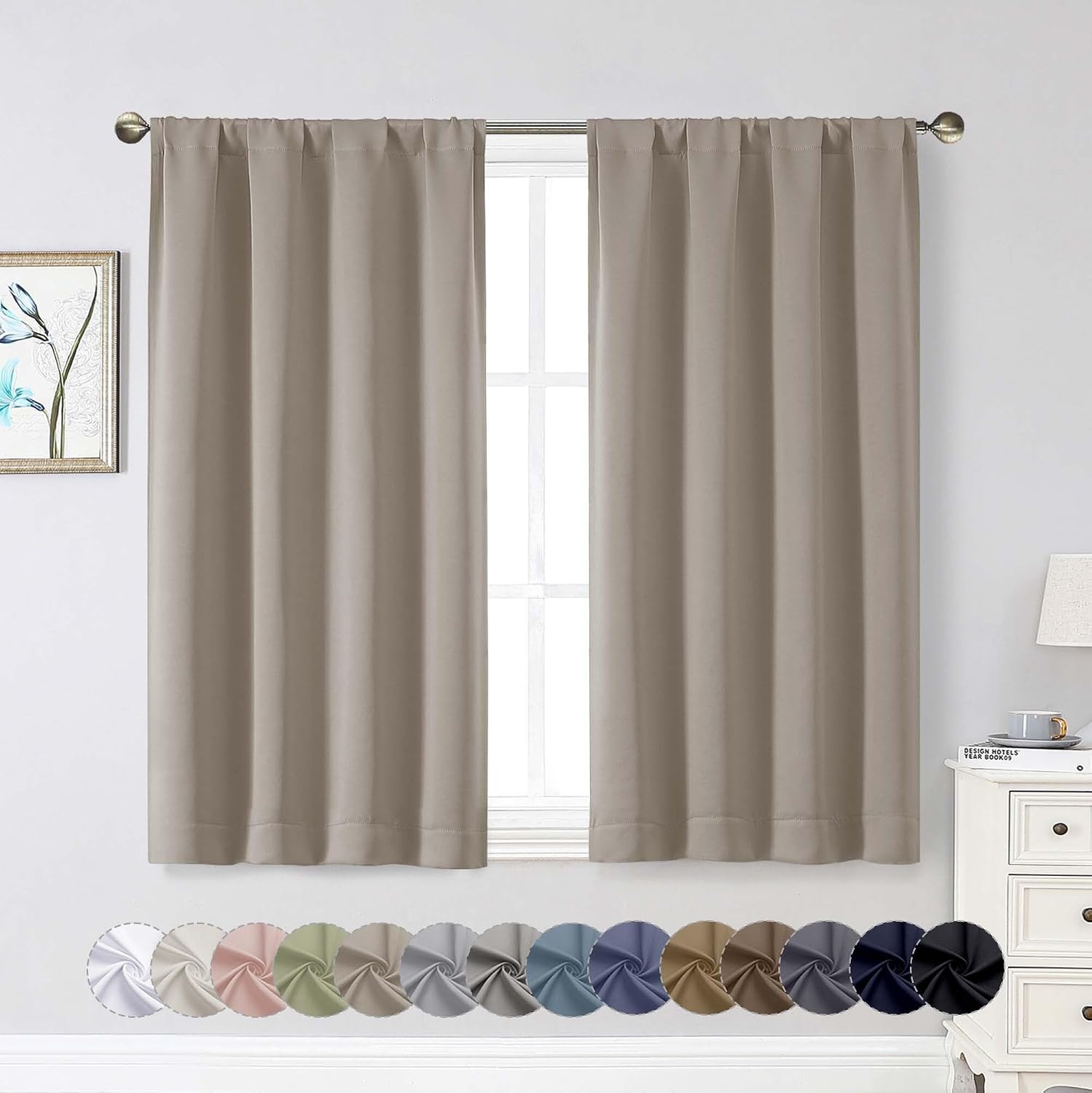 WelvetBLK Stone Room Darkening Curtains for Bedroom Living Room 45 Inch Length 2 Panels Set, Soft Solid Thermal Insulated Rod Pocket Short…