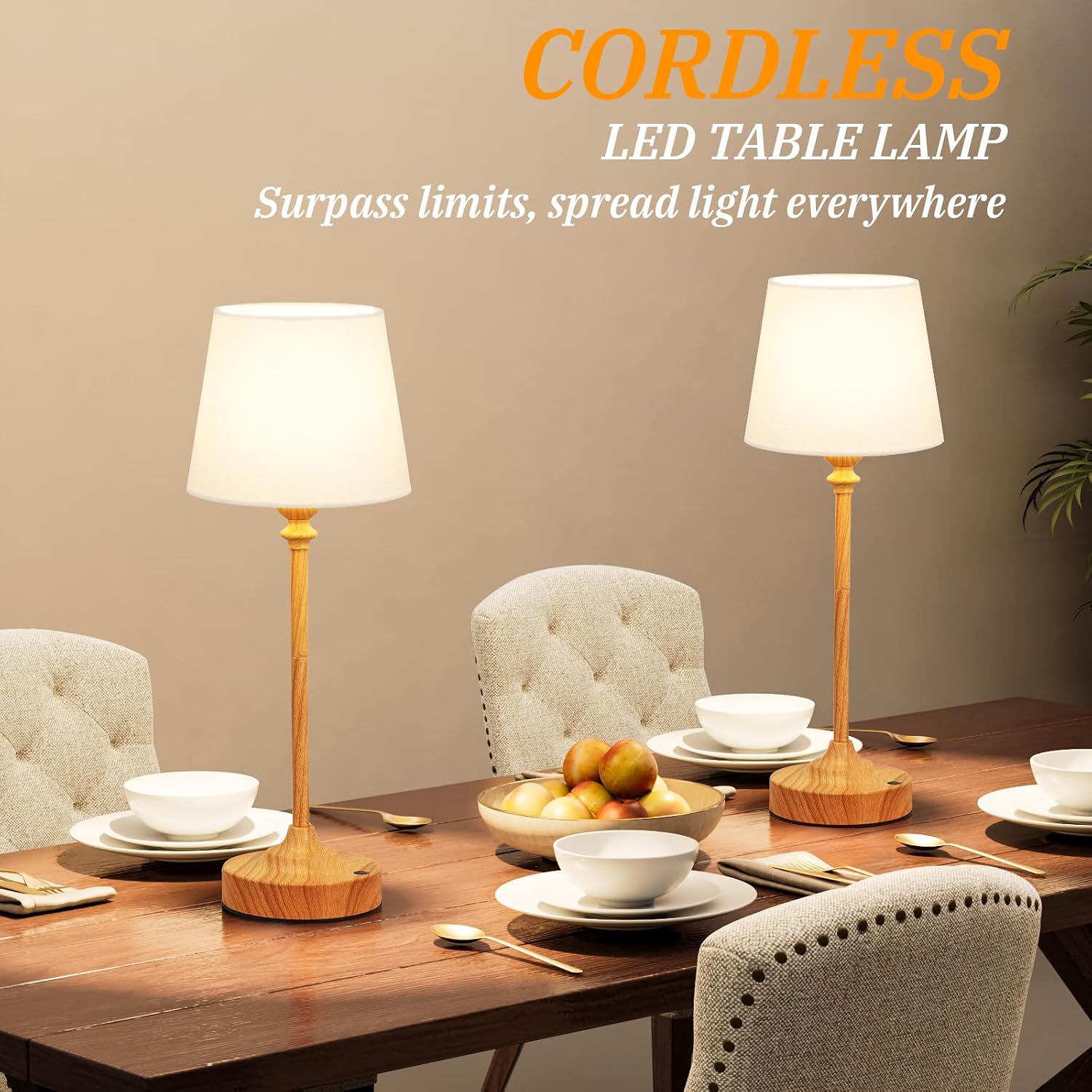 Kakanuo Cordless Table Lamps Rechargeable Set - 2 Pack Wooden 4000mAH Battery Operated Lamps for Decor, 3000K Stepless Dimming Touch…
