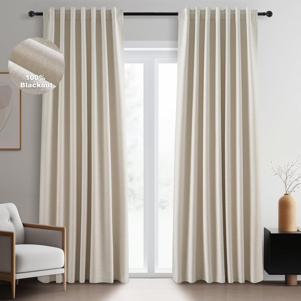 Topfinel 100 Inch Custom Linen Blackout Curtains, Modern Beige Textured Linen Farmhouse Boho Blackout Room Darkening Room Divider Rustic Cur…