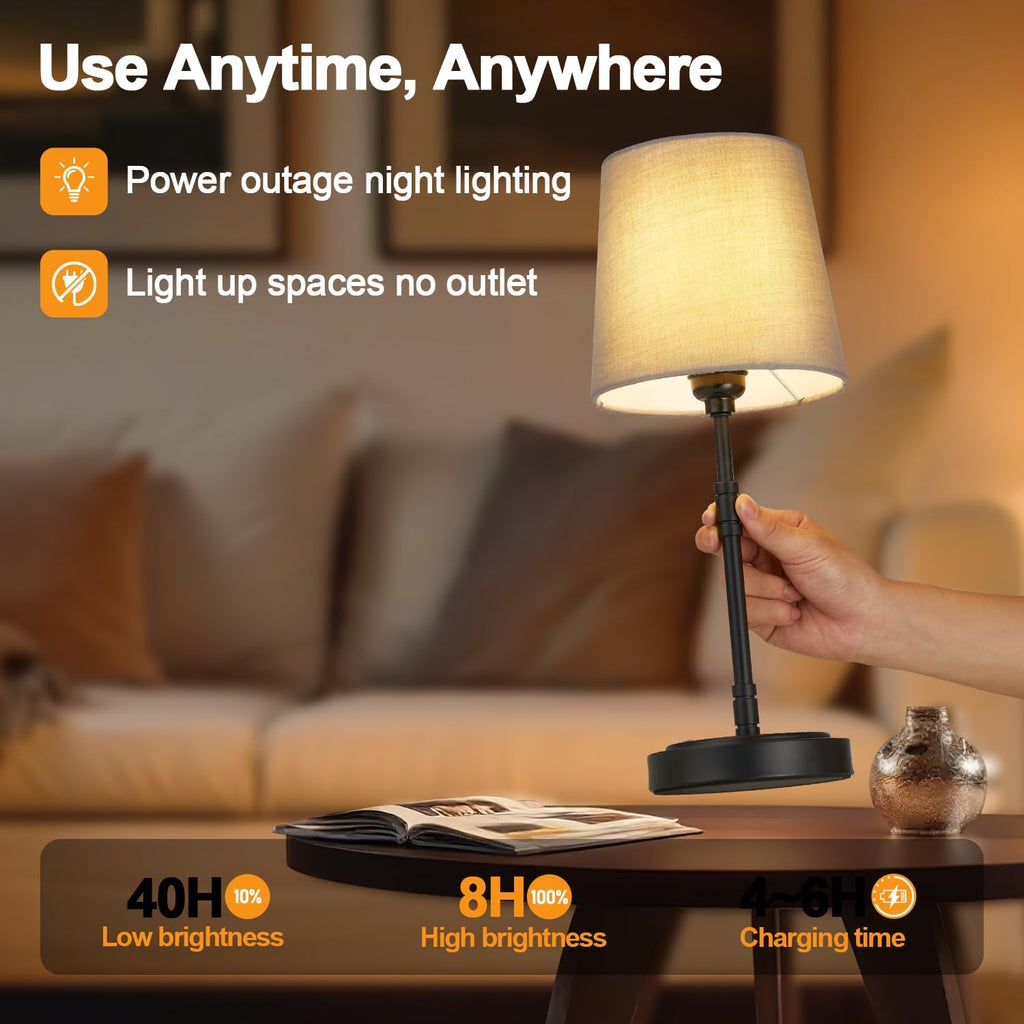 Cordless Table Lamps Set of 2 – Battery Operated Lamp with 7500mAh Rechargeable Battery, Stepless Dimmable Black Lamps with Grey Shade…